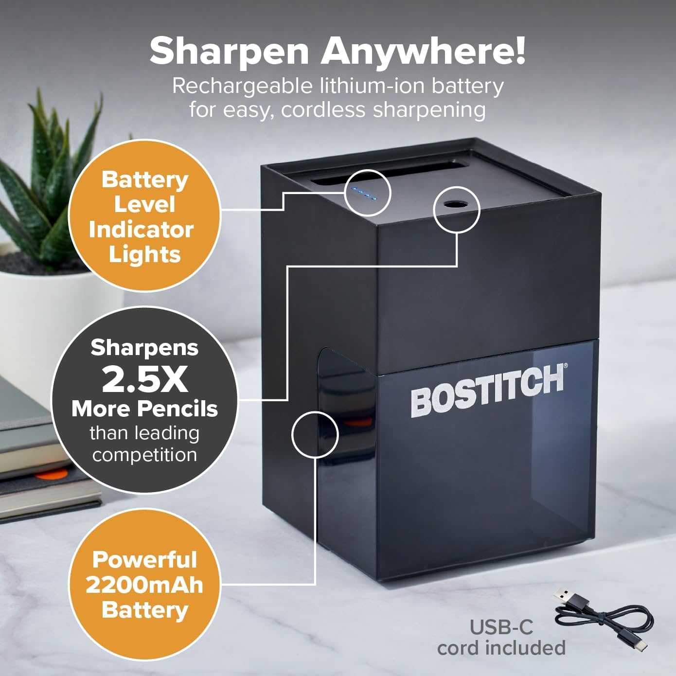 image:imageBostitch Konnect Rechargeable Battery Pencil Sharpener for KT2 Desk Organizer No2Colored Pencils BlackBlack