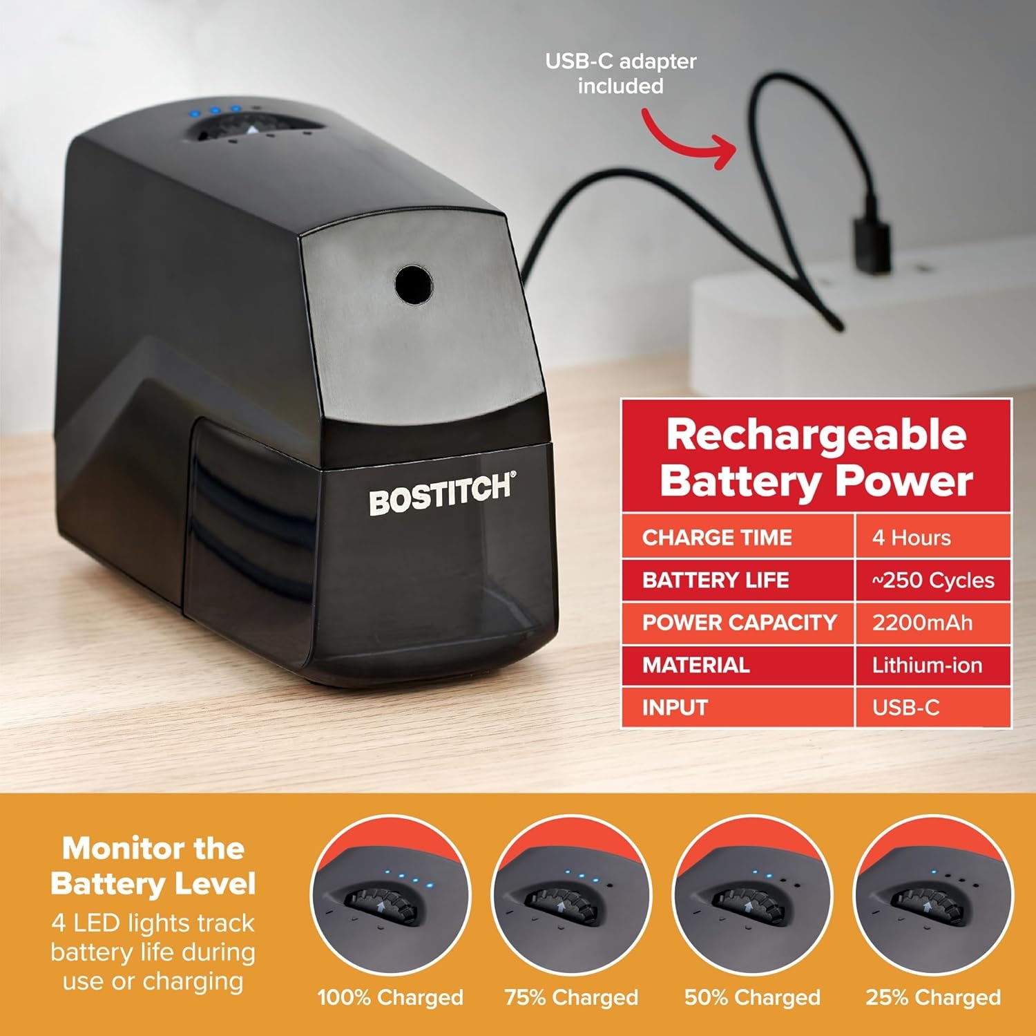 image:imageBostitch Konnect Rechargeable Battery Pencil Sharpener for KT2 Desk Organizer No2Colored Pencils BlackBlack