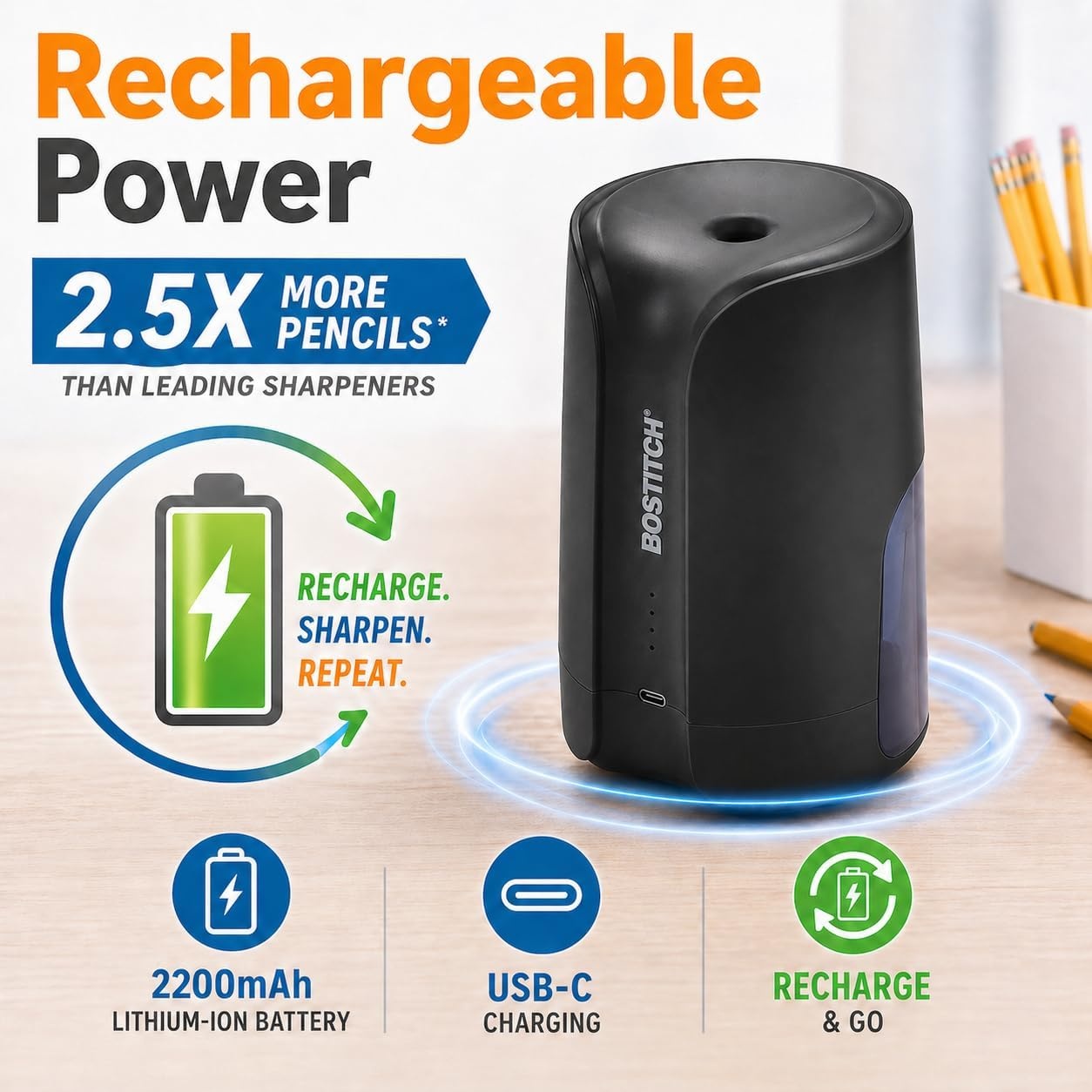 image:imageBostitch Konnect Rechargeable Battery Pencil Sharpener for KT2 Desk Organizer No2Colored Pencils BlackBlack