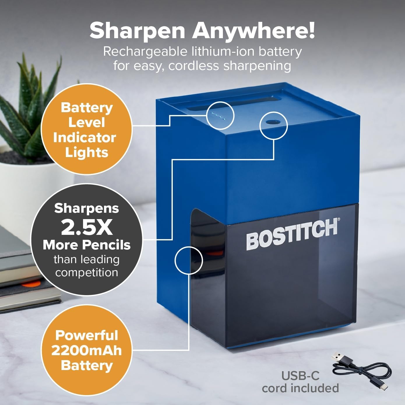 image:imageBostitch Konnect Rechargeable Battery Pencil Sharpener for KT2 Desk Organizer No2Colored Pencils BlackBlue