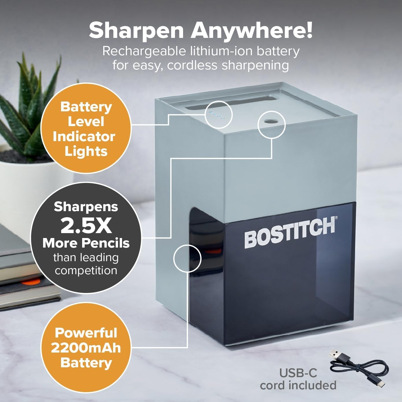 image:imageBostitch Konnect Rechargeable Battery Pencil Sharpener for KT2 Desk Organizer No2Colored Pencils BlackGray