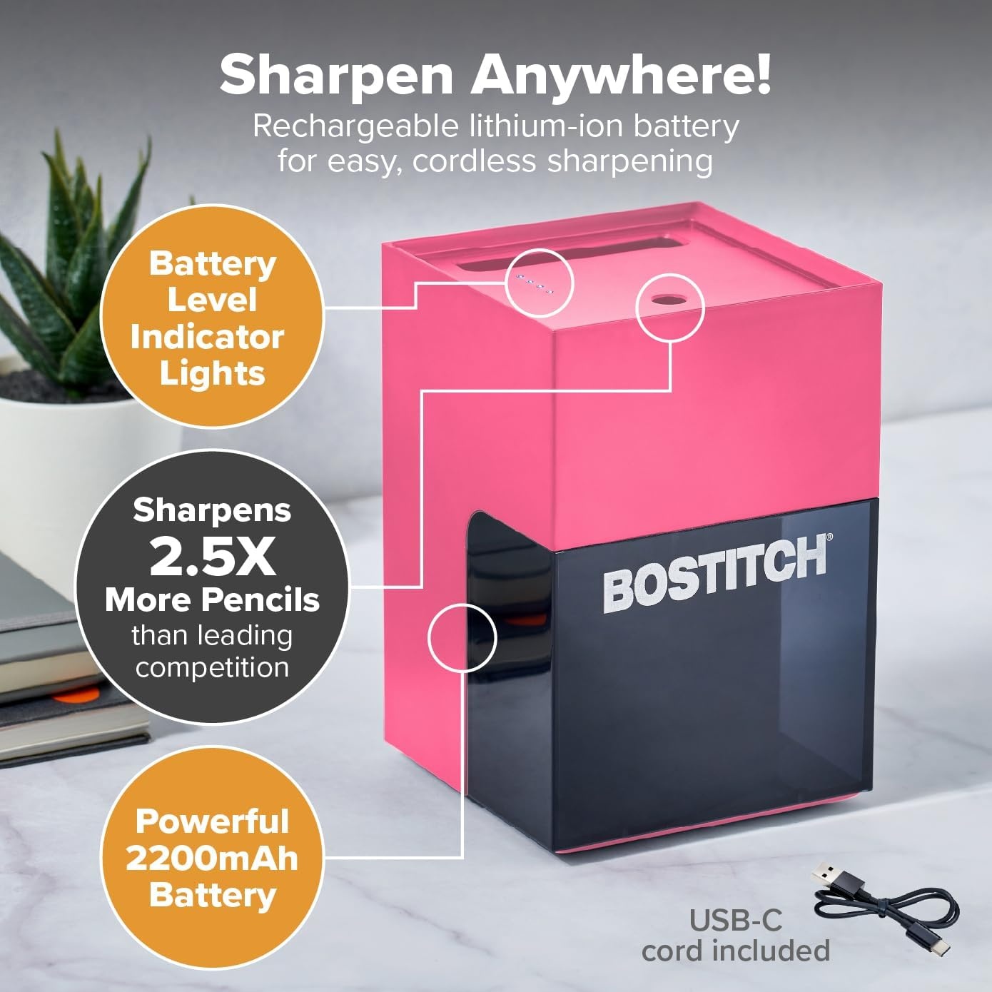 image:imageBostitch Konnect Rechargeable Battery Pencil Sharpener for KT2 Desk Organizer No2Colored Pencils BlackPink