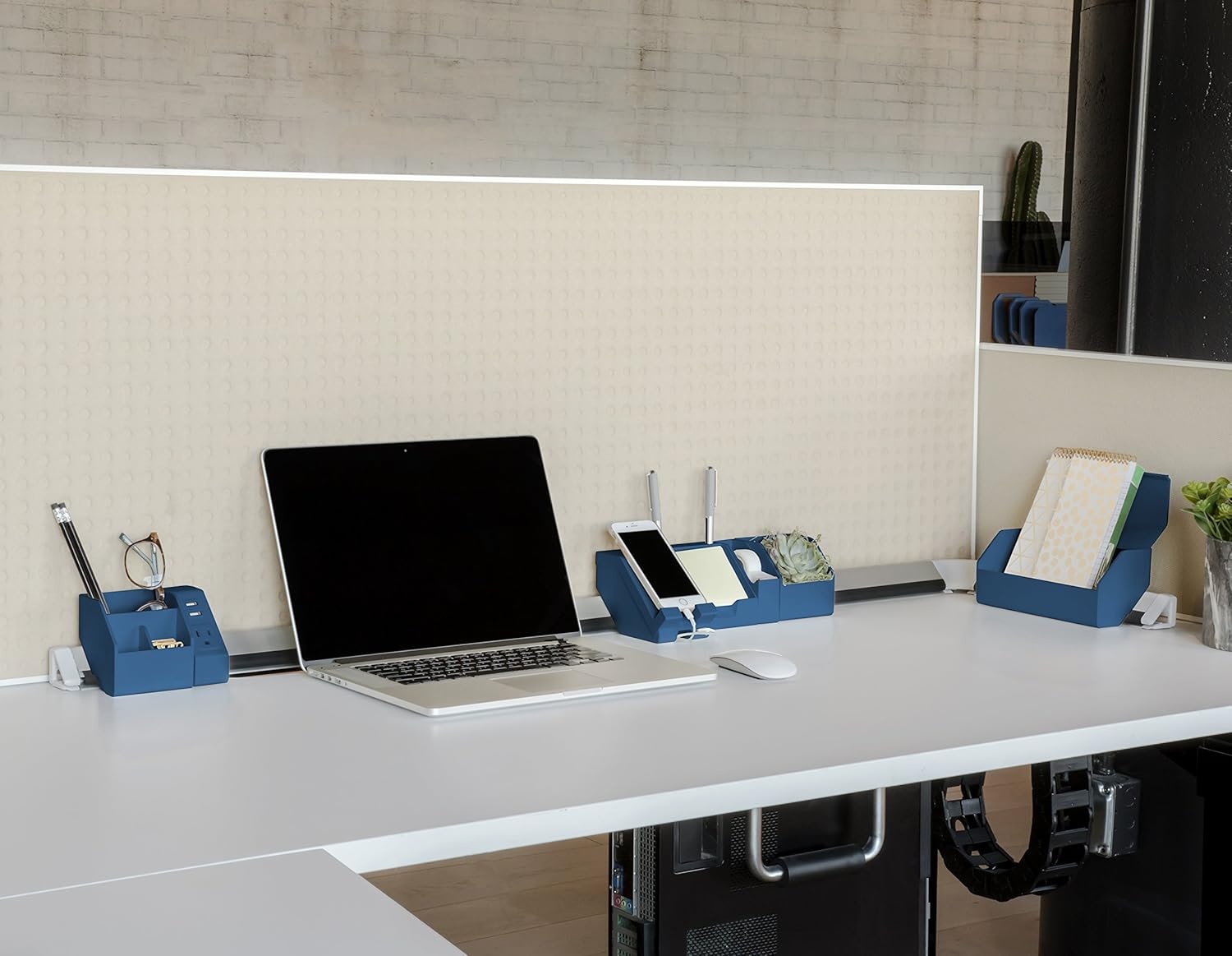 image:imageBostitch Office 14Piece Desktop Organizer Kit Includes Cable Management Rails Power Hub Charging Phone Dock Tape Dispenser Sticky Notes Storage Bins Blue KTCKIT4BLUE
