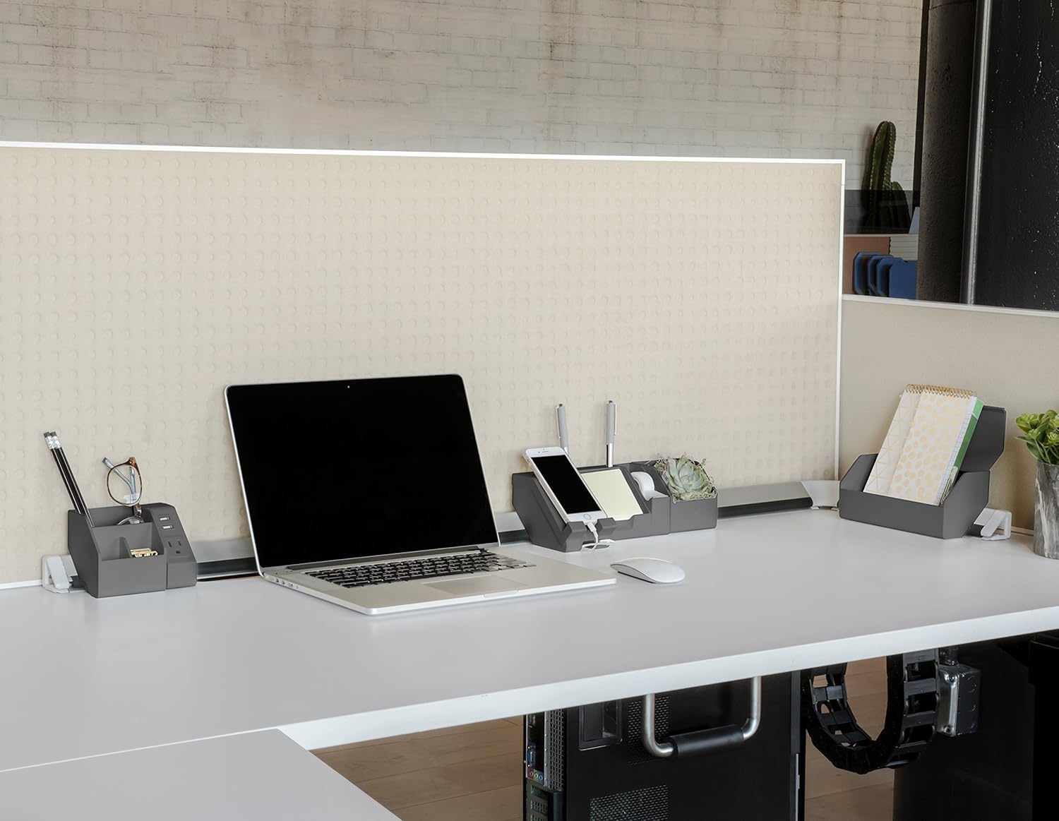 image:imageBostitch Office 14Piece Desktop Organizer Kit Includes Cable Management Rails Power Hub Charging Phone Dock Tape Dispenser Sticky Notes Storage Bins Gray KTCKIT4GRAY