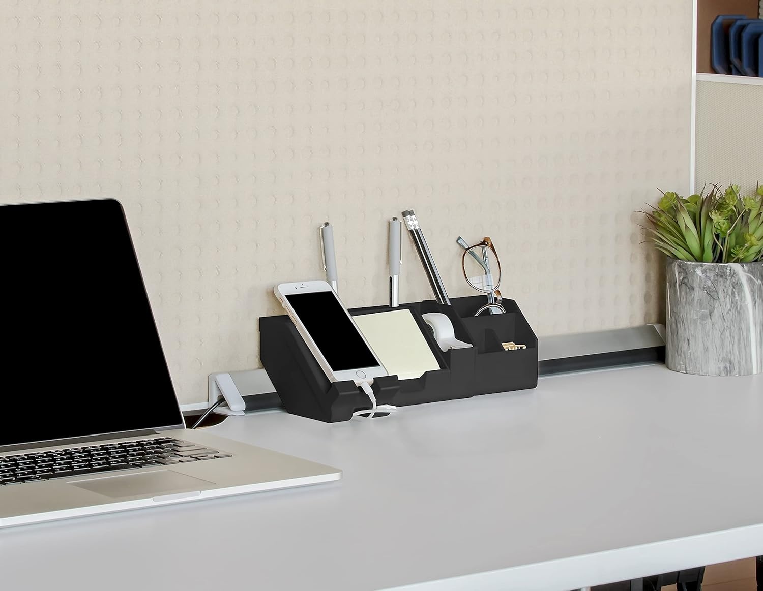 image:imageBostitch Office 5Piece Desktop Organizer Kit Includes Cable Management Rail Charging Phone Dock Tape Dispenser Sticky Notes Storage Bin Black KTCKIT1BLK Small