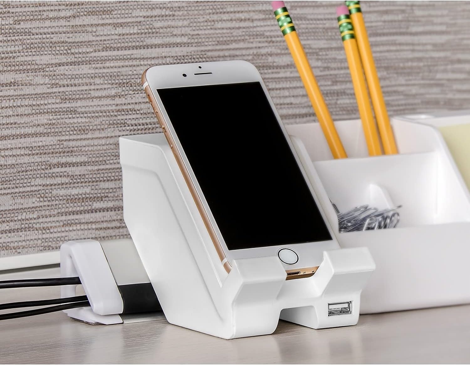 image:imageBostitch Office Konnect 5Piece Desktop Organizer Kit Includes Cable Management Rail Charging Phone Dock Tape Dispenser Sticky Notes Storage Bin White KTCKIT1WHITE