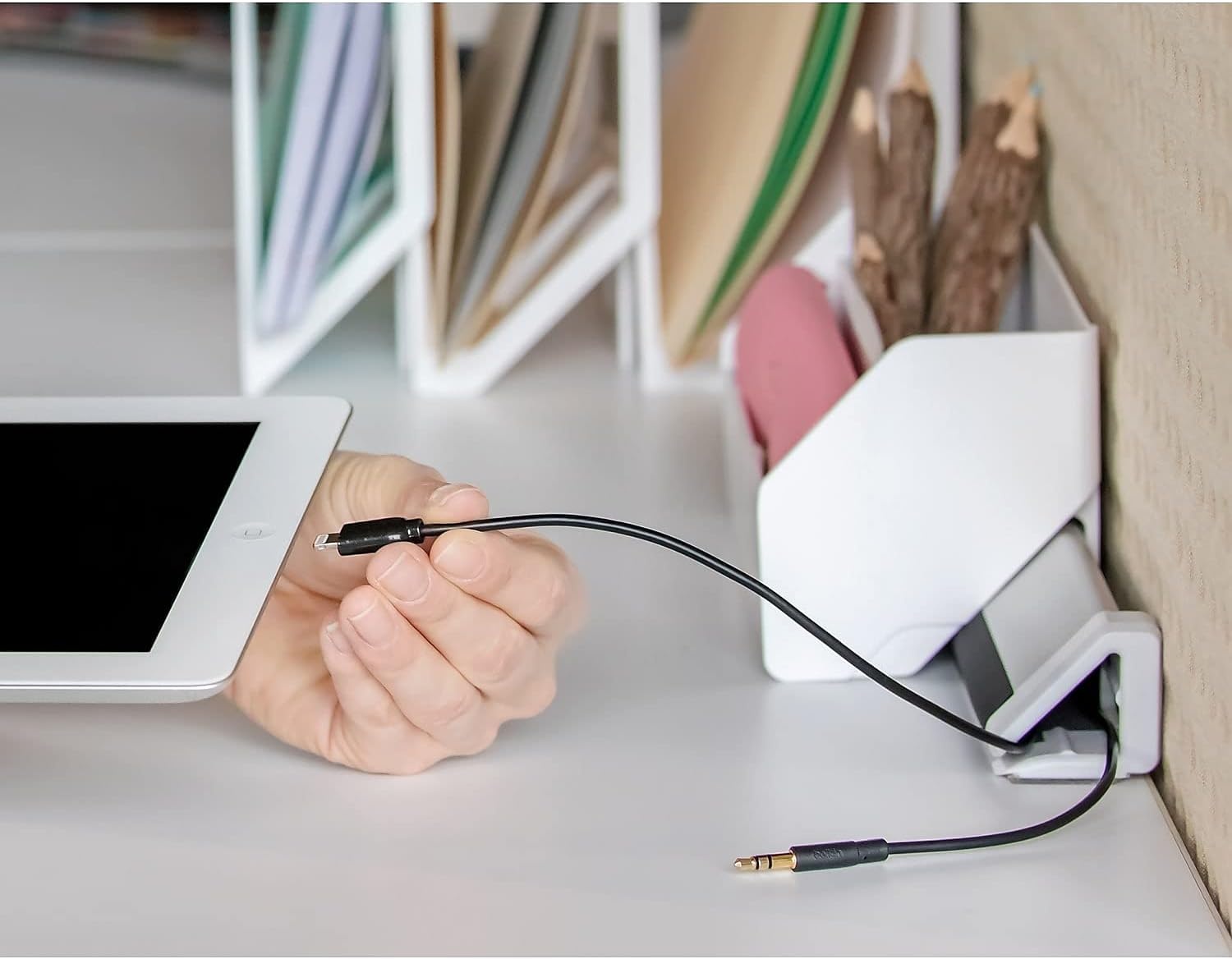 image:imageBostitch Office Konnect 5Piece Desktop Organizer Kit Includes Cable Management Rail Charging Phone Dock Tape Dispenser Sticky Notes Storage Bin White KTCKIT1WHITE