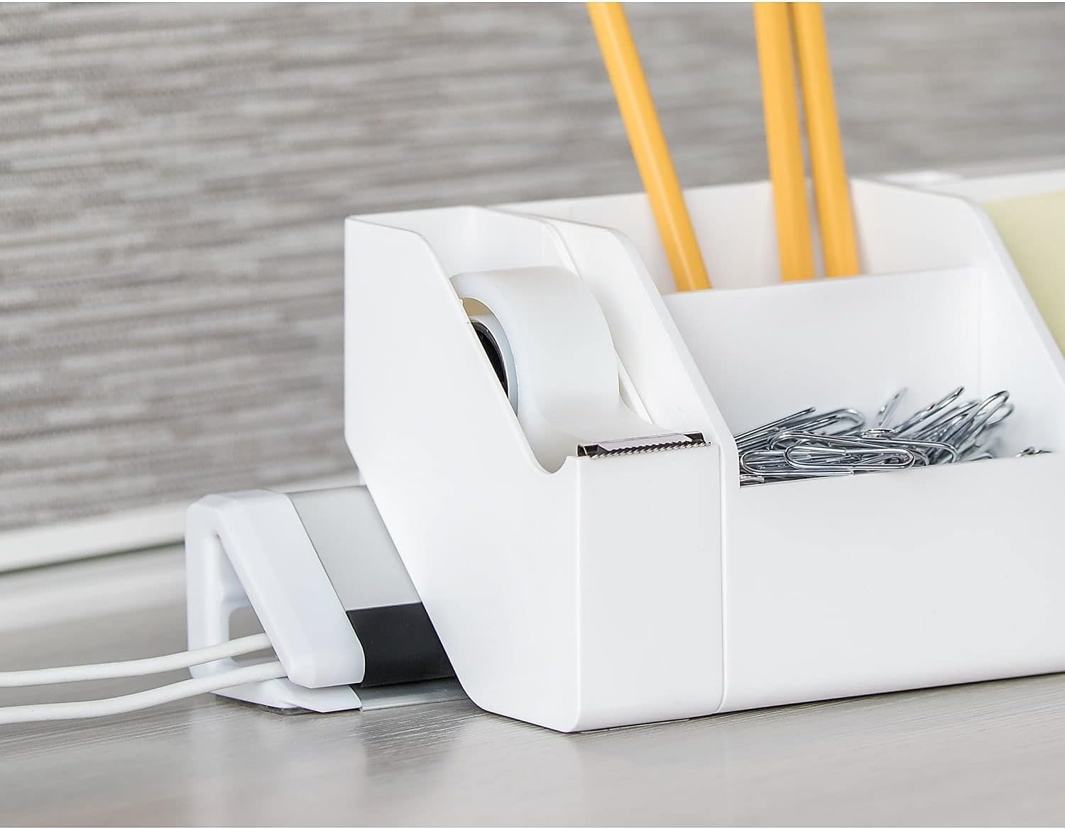 image:imageBostitch Office Konnect 5Piece Desktop Organizer Kit Includes Cable Management Rail Charging Phone Dock Tape Dispenser Sticky Notes Storage Bin White KTCKIT1WHITE