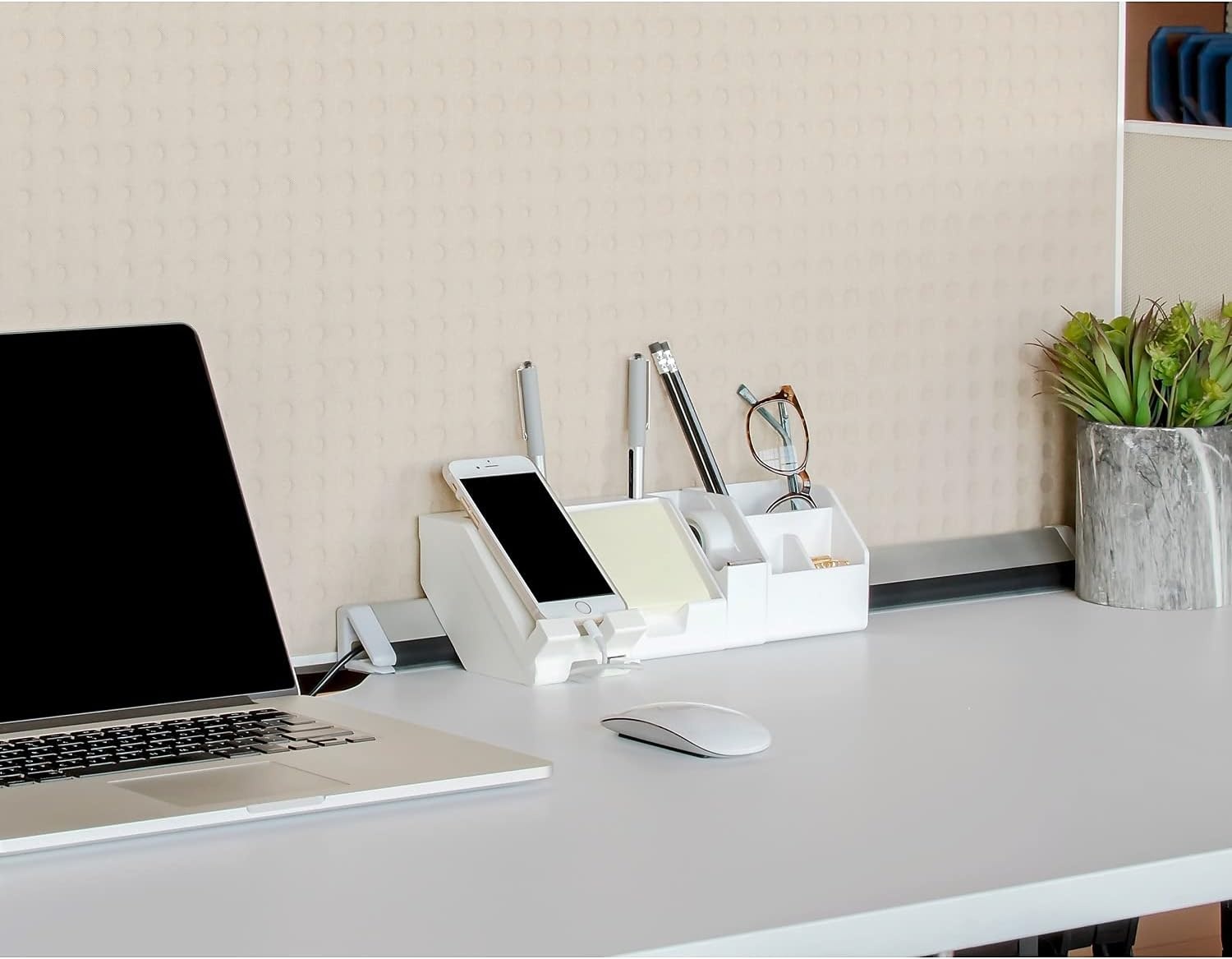 image:imageBostitch Office Konnect 5Piece Desktop Organizer Kit Includes Cable Management Rail Charging Phone Dock Tape Dispenser Sticky Notes Storage Bin White KTCKIT1WHITE