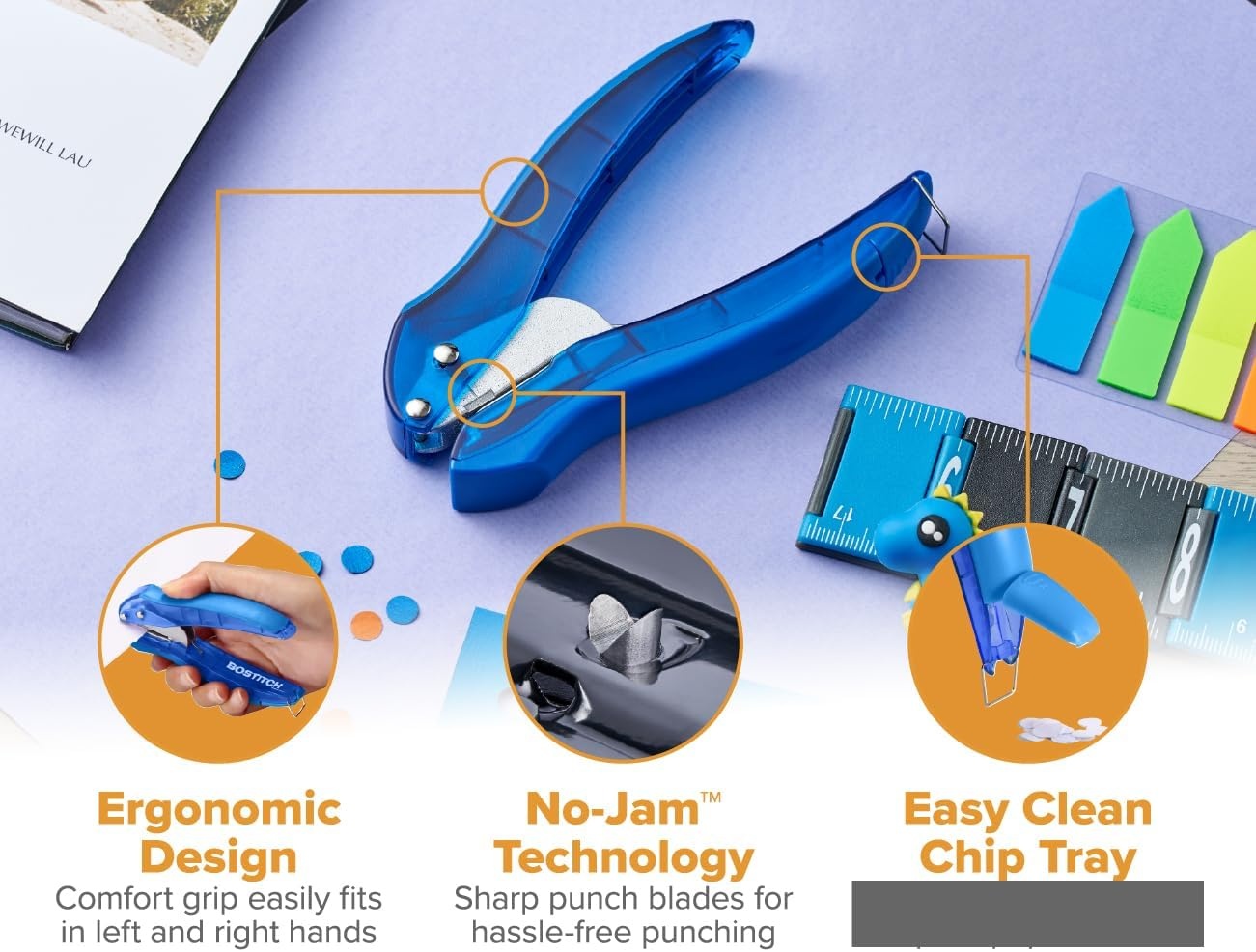 image:imageBostitch EZ Squeeze Hole Punch 3Pack Single Hole Punch 10 Sheet Capacity Ideal for Kids and Adults Black Red and Blue