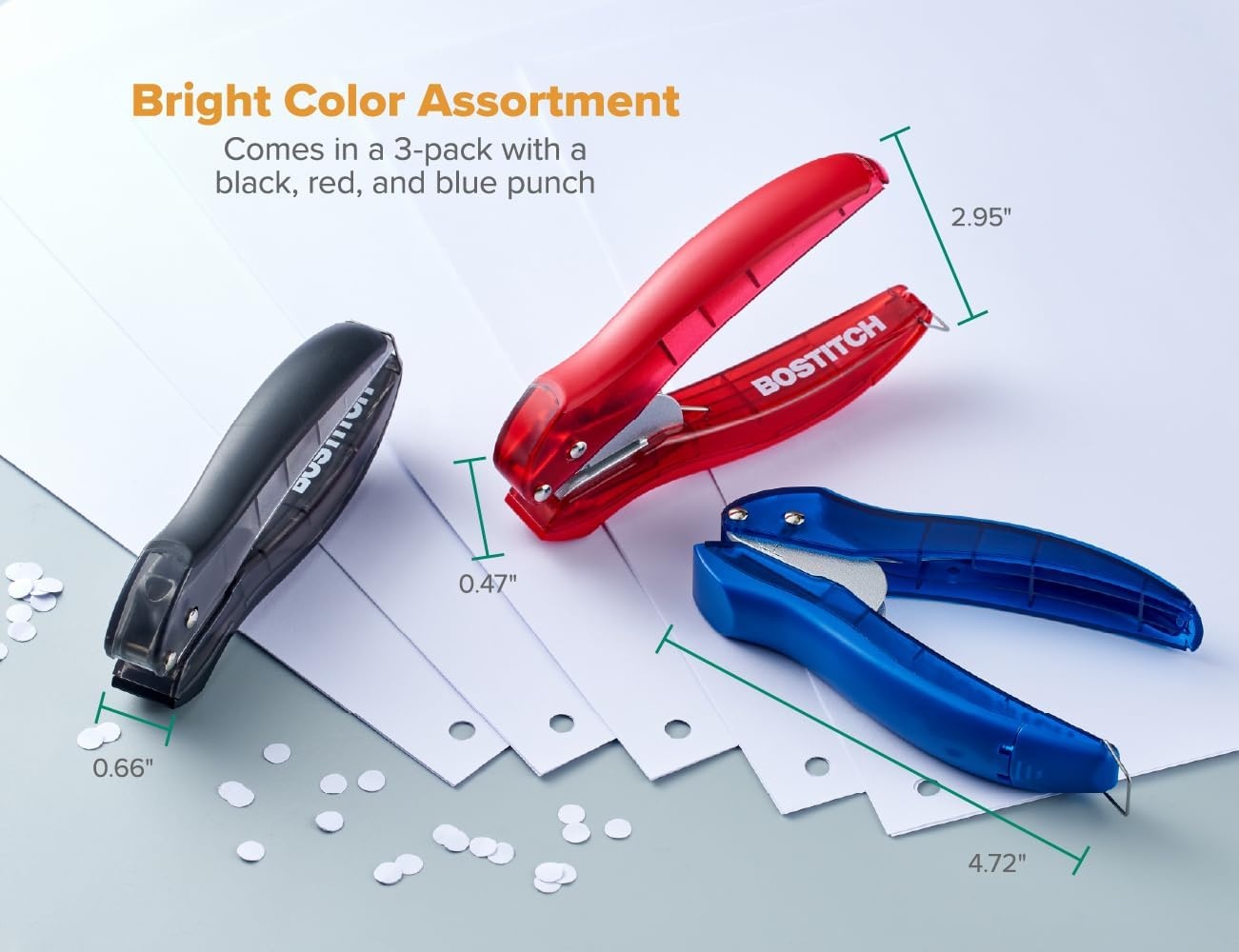 image:imageBostitch EZ Squeeze Hole Punch 3Pack Single Hole Punch 10 Sheet Capacity Ideal for Kids and Adults Black Red and Blue