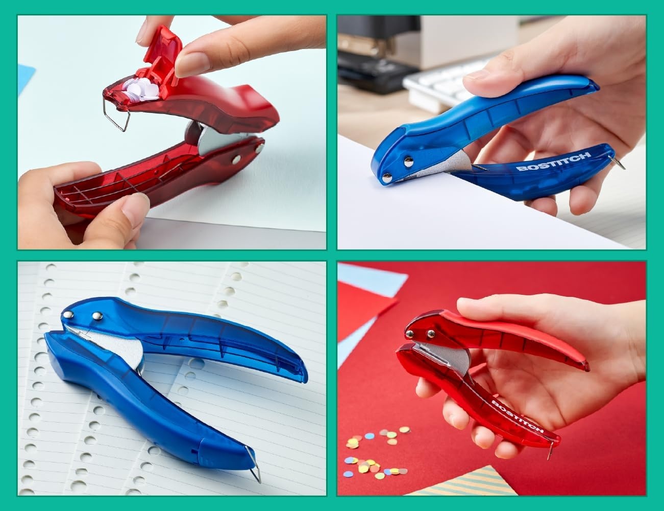 image:imageBostitch EZ Squeeze Hole Punch 3Pack Single Hole Punch 10 Sheet Capacity Ideal for Kids and Adults Black Red and Blue