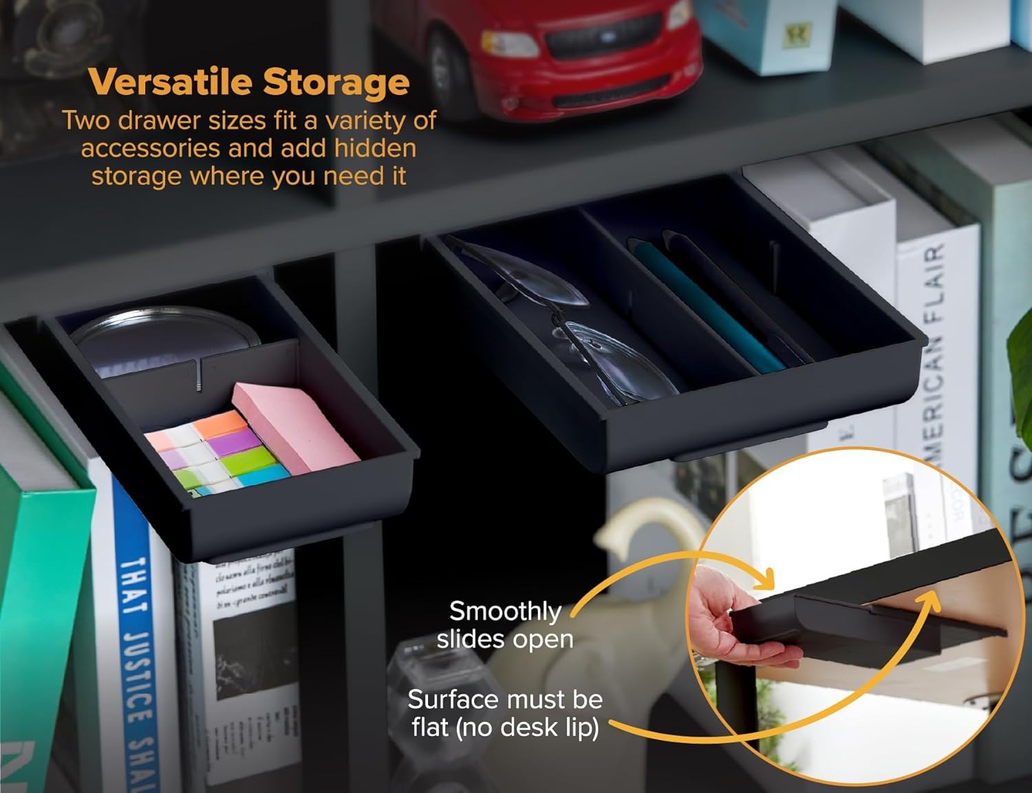 image:imageBostitch Konnect Under Desk Drawer SelfAdhesive Slide Out Storage Organizer with 4 Customizable Dividers 2PackBlack