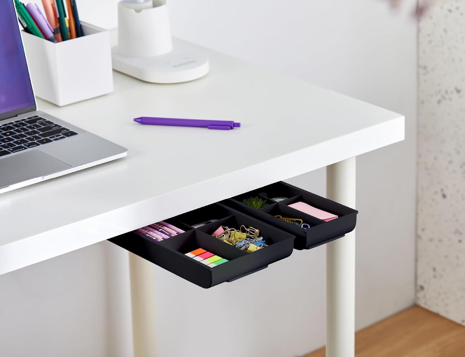 image:imageBostitch Konnect Under Desk Drawer SelfAdhesive Slide Out Storage Organizer with 4 Customizable Dividers 2PackBlack