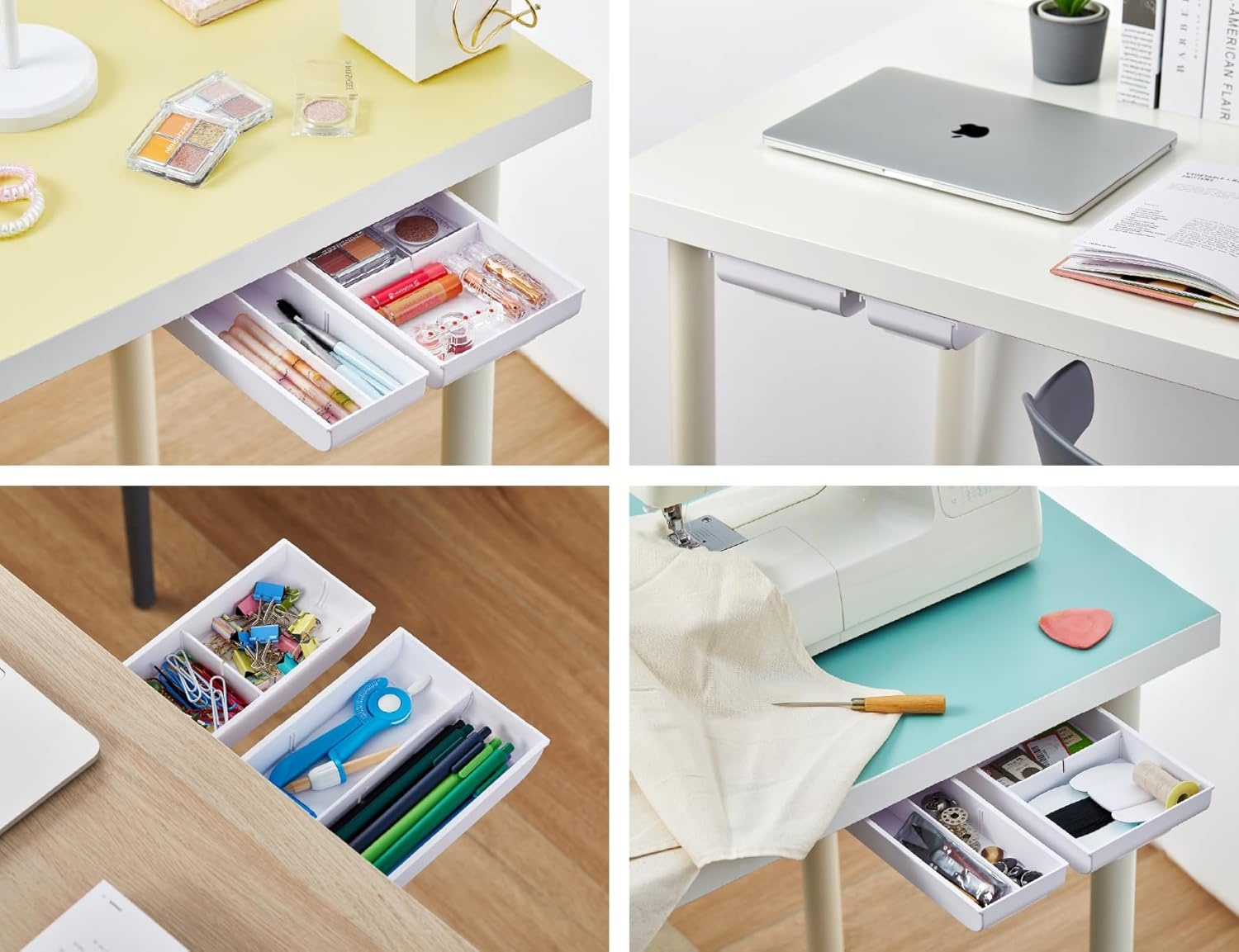 image:imageBostitch Konnect Under Desk Drawer SelfAdhesive Slide Out Storage Organizer with 4 Customizable Dividers 2PackWhite