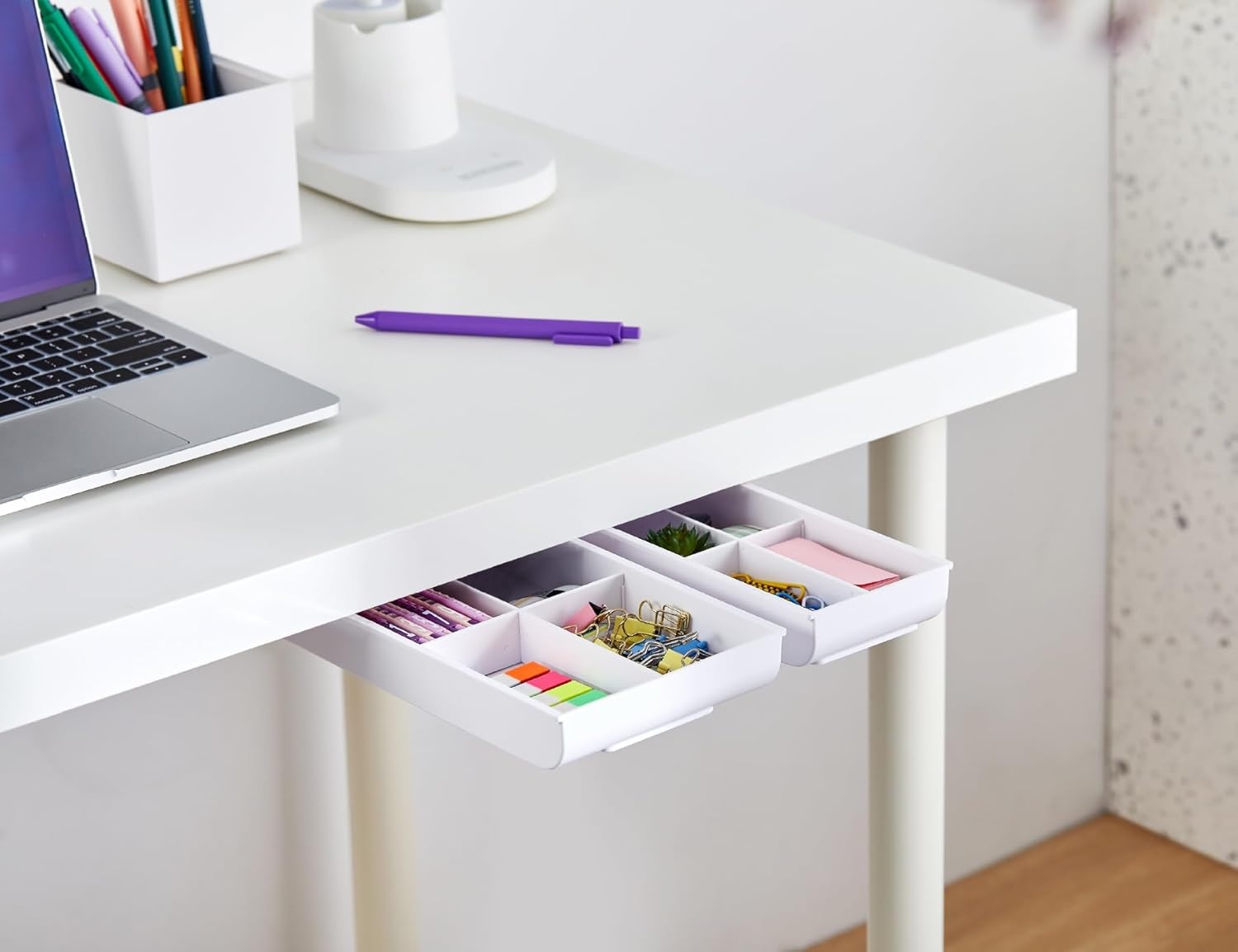 image:imageBostitch Konnect Under Desk Drawer SelfAdhesive Slide Out Storage Organizer with 4 Customizable Dividers 2PackWhite
