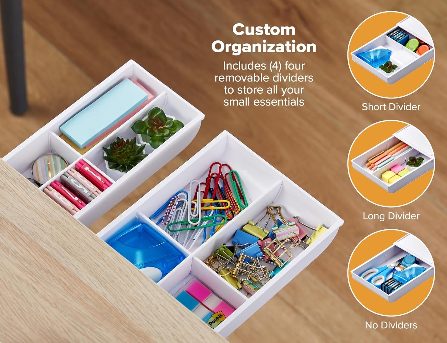 image:imageBostitch Konnect Under Desk Drawer SelfAdhesive Slide Out Storage Organizer with 4 Customizable Dividers 2PackWhite