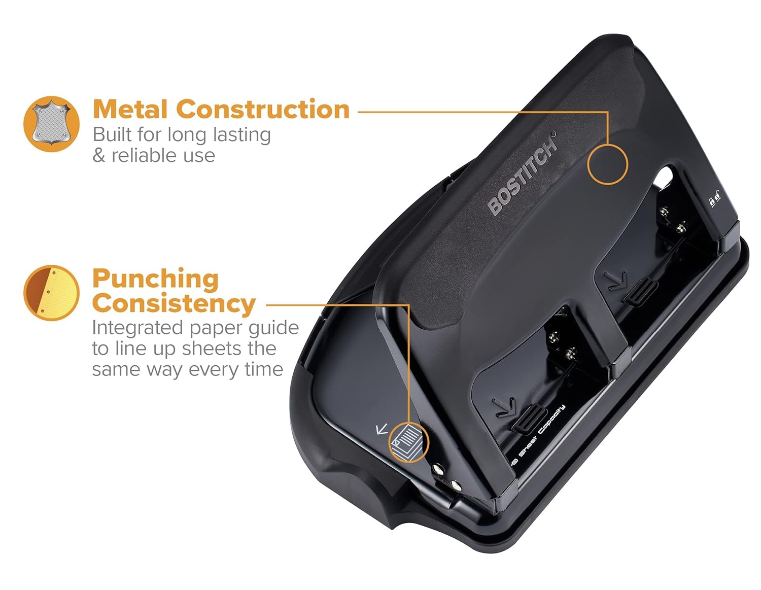 image:imageBostitch Office EZ Squeeze Heavy Duty 3Hole Punch for Home Office amp School 40Sheet Capacity OneTouch Reduced Force Sleek Black DesignBlack