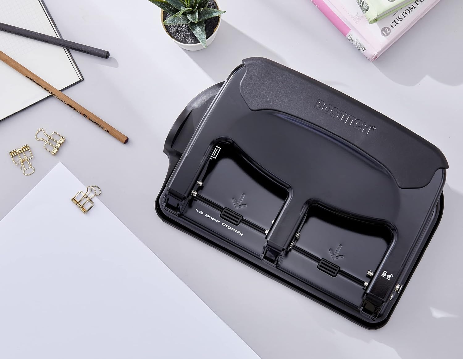 image:imageBostitch Office EZ Squeeze Heavy Duty 3Hole Punch for Home Office amp School 40Sheet Capacity OneTouch Reduced Force Sleek Black DesignBlack