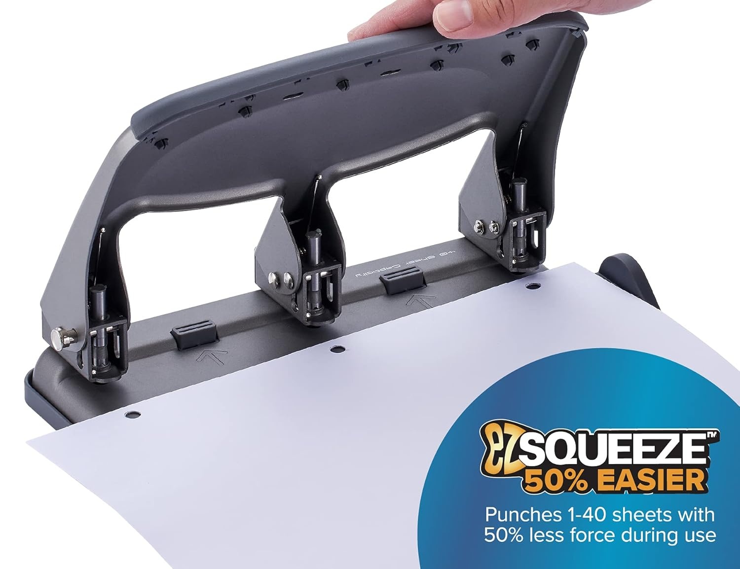 image:imageBostitch Office EZ Squeeze Heavy Duty 3Hole Punch for Home Office amp School 40Sheet Capacity OneTouch Reduced Force Sleek Black DesignGray