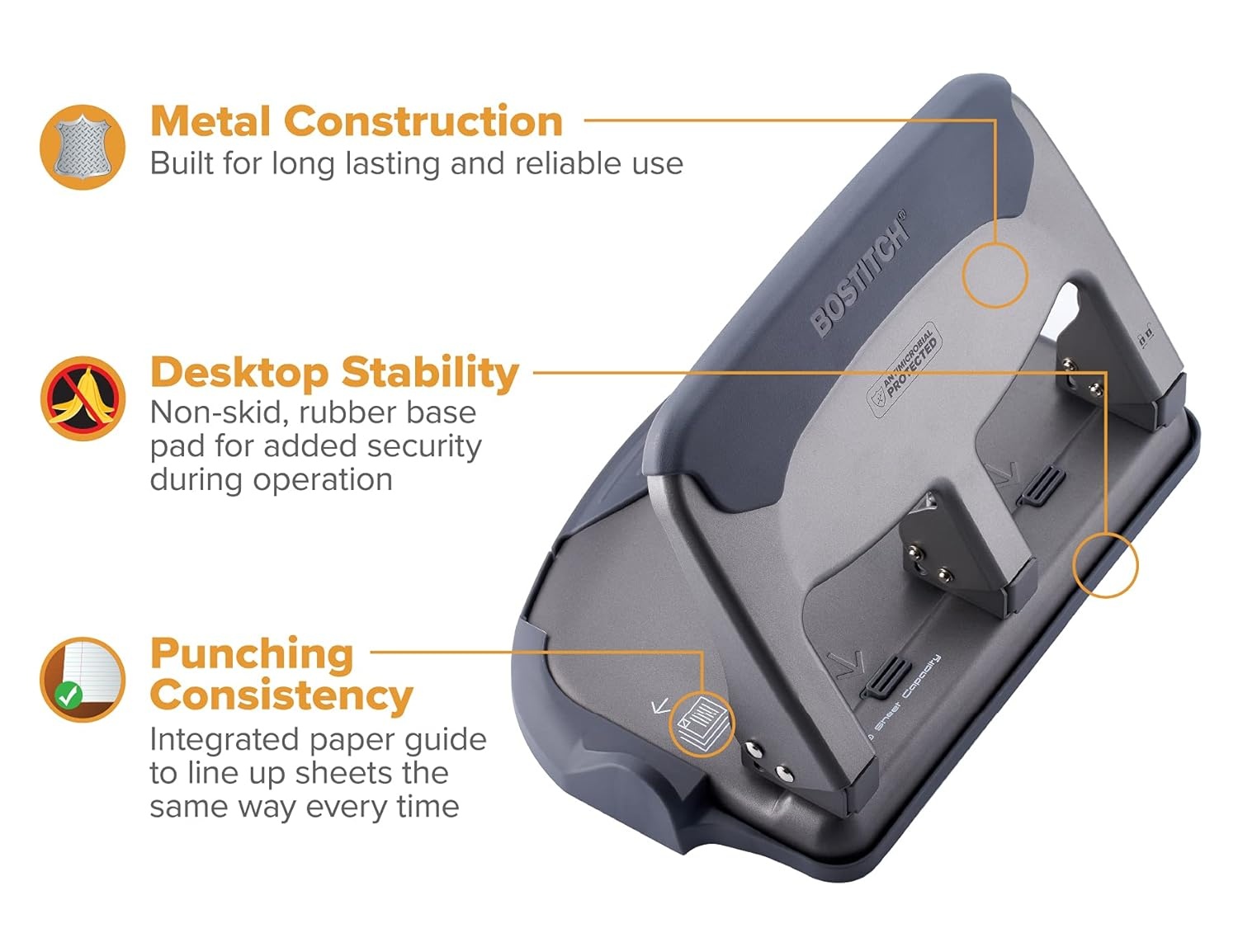 image:imageBostitch Office EZ Squeeze Heavy Duty 3Hole Punch for Home Office amp School 40Sheet Capacity OneTouch Reduced Force Sleek Black DesignGray