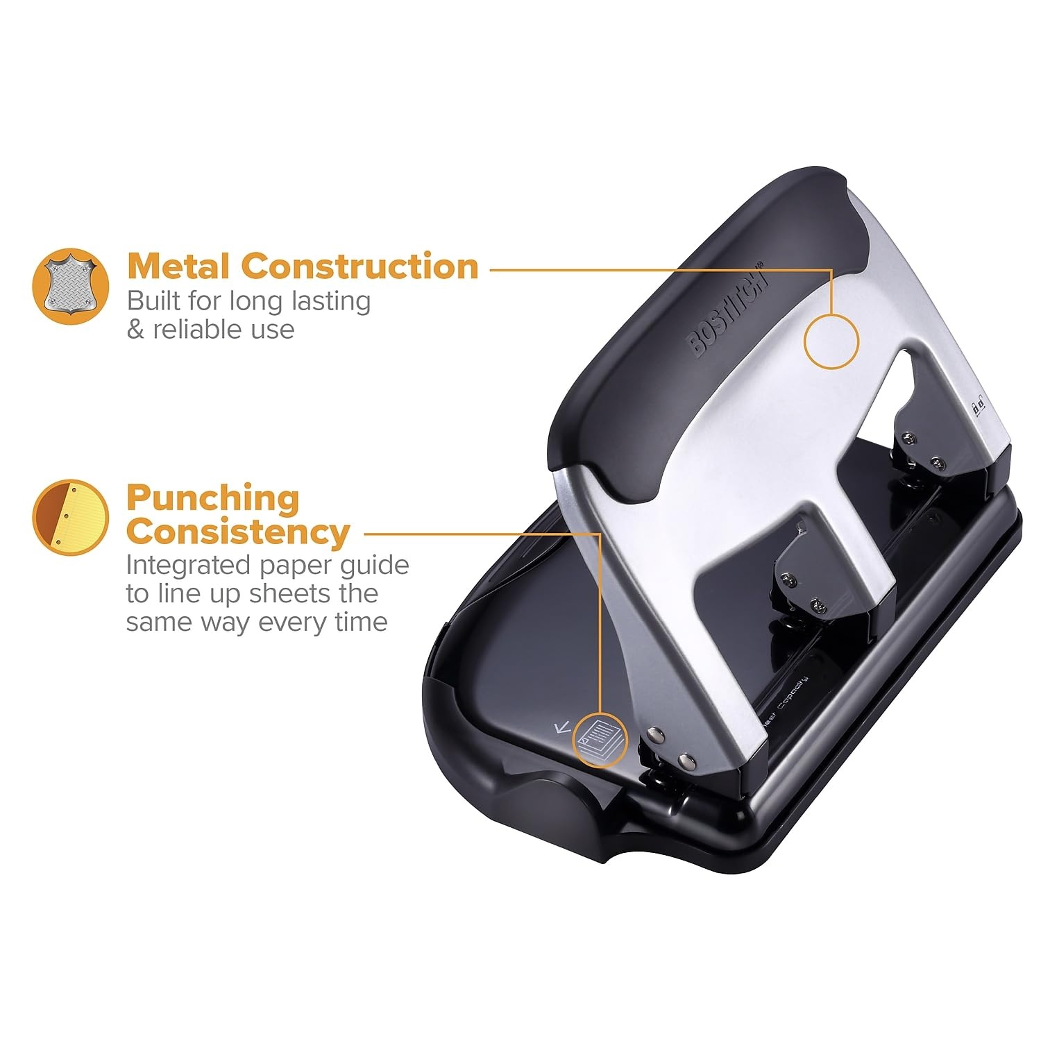 image:imageBostitch Office EZ Squeeze Heavy Duty 3Hole Punch for Home Office amp School 40Sheet Capacity OneTouch Reduced Force Sleek Black DesignSilver