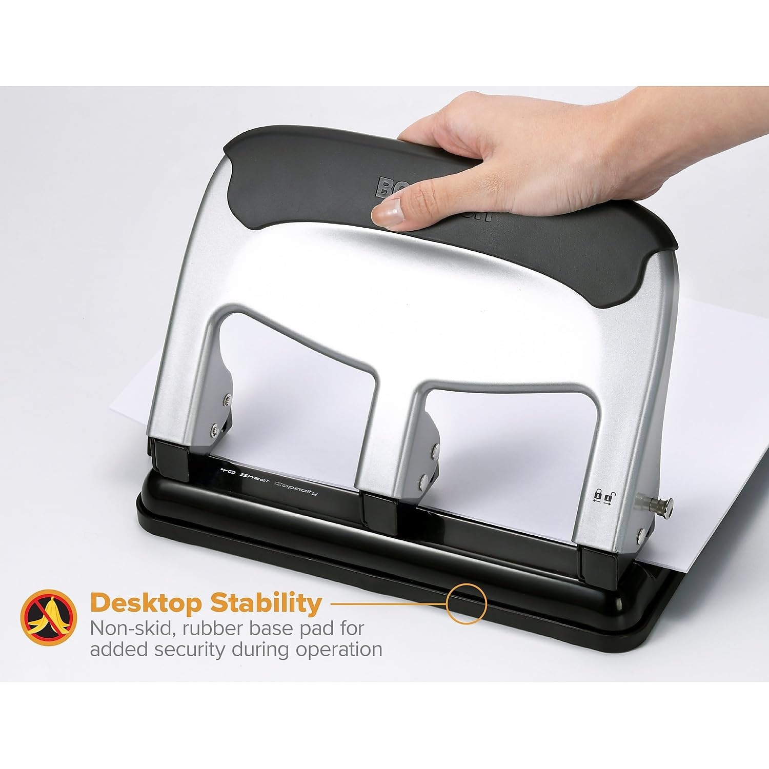 image:imageBostitch Office EZ Squeeze Heavy Duty 3Hole Punch for Home Office amp School 40Sheet Capacity OneTouch Reduced Force Sleek Black DesignSilver