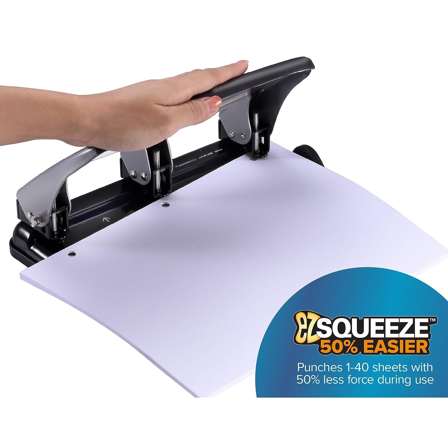 image:imageBostitch Office EZ Squeeze Heavy Duty 3Hole Punch for Home Office amp School 40Sheet Capacity OneTouch Reduced Force Sleek Black DesignSilver