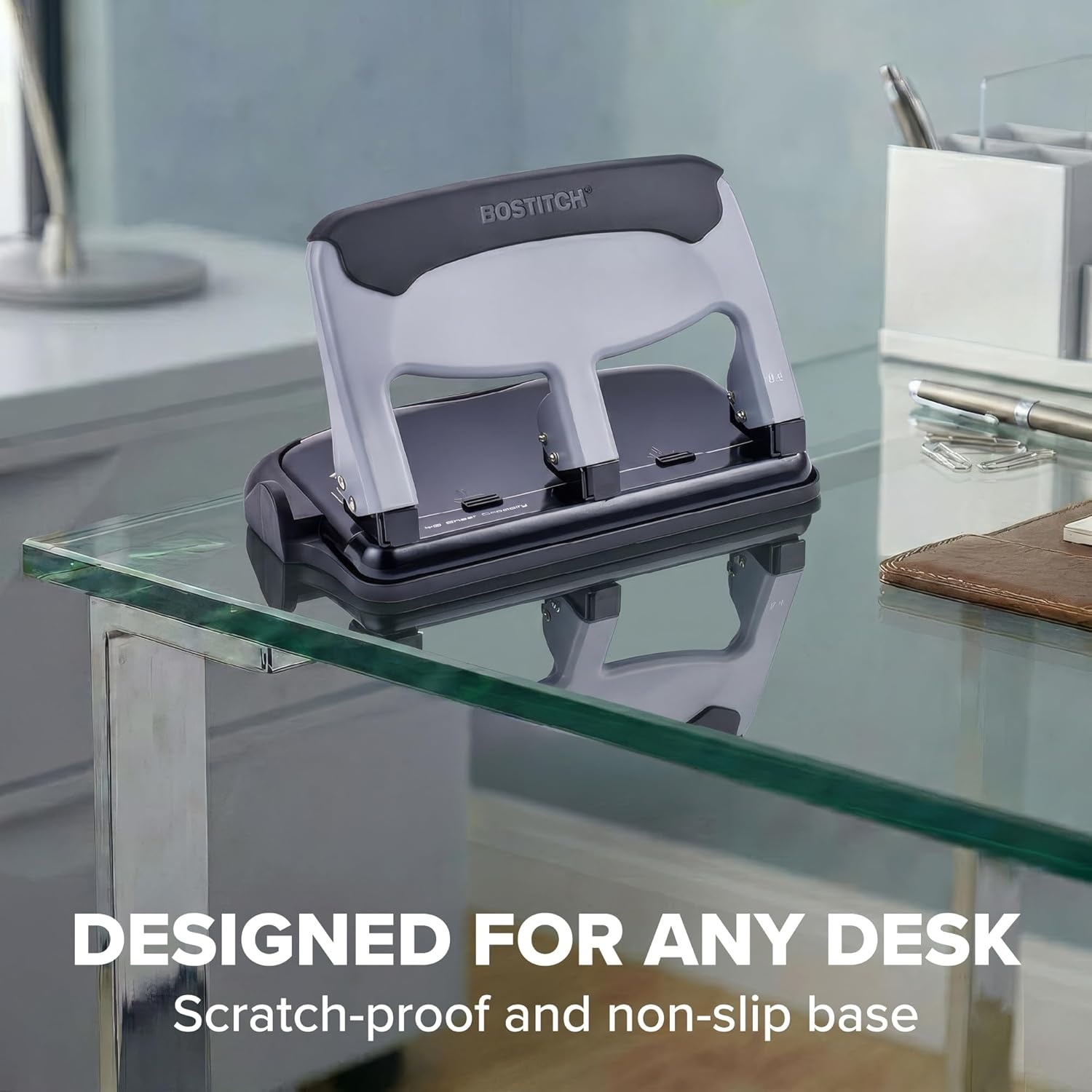 image:imageBostitch Office EZ Squeeze Heavy Duty 3Hole Punch for Home Office amp School 40Sheet Capacity OneTouch Reduced Force Sleek Black DesignSlate