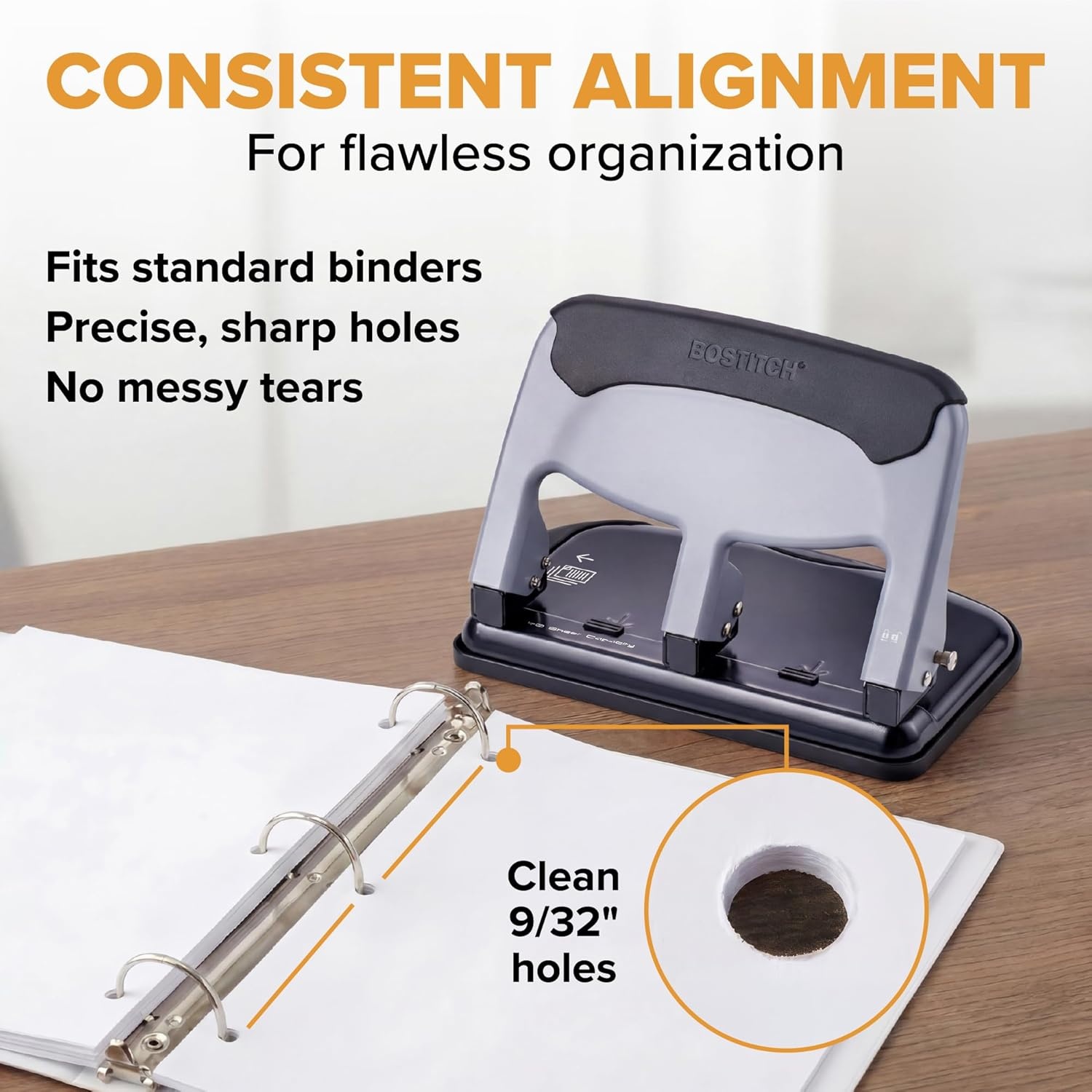 image:imageBostitch Office EZ Squeeze Heavy Duty 3Hole Punch for Home Office amp School 40Sheet Capacity OneTouch Reduced Force Sleek Black DesignSlate