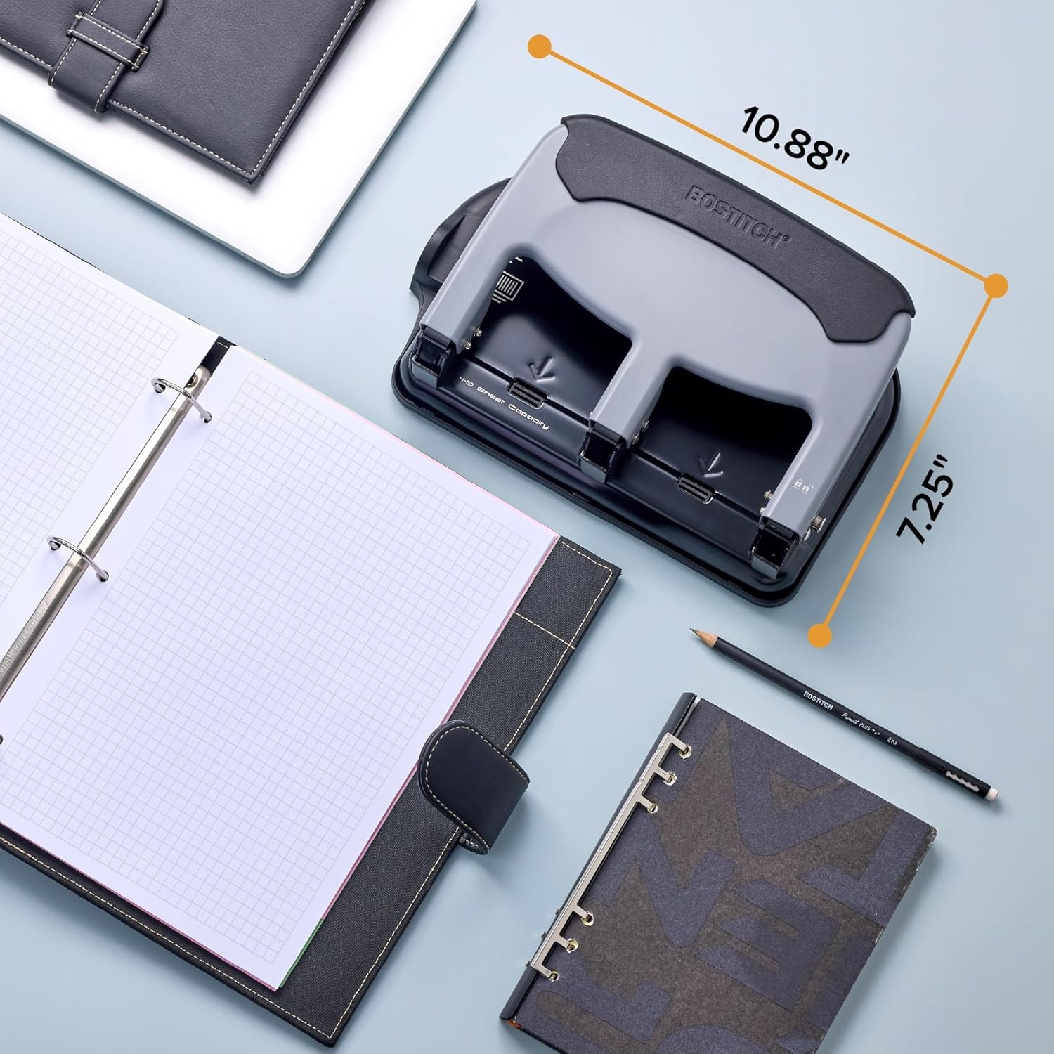 image:imageBostitch Office EZ Squeeze Heavy Duty 3Hole Punch for Home Office amp School 40Sheet Capacity OneTouch Reduced Force Sleek Black DesignSlate