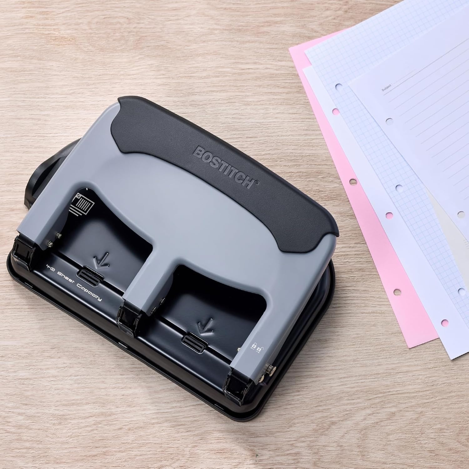 image:imageBostitch Office EZ Squeeze Heavy Duty 3Hole Punch for Home Office amp School 40Sheet Capacity OneTouch Reduced Force Sleek Black DesignSlate