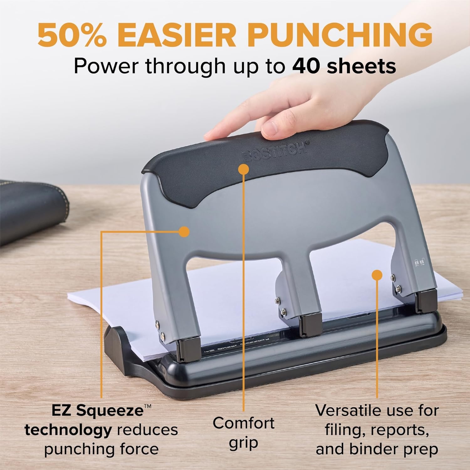 image:imageBostitch Office EZ Squeeze Heavy Duty 3Hole Punch for Home Office amp School 40Sheet Capacity OneTouch Reduced Force Sleek Black DesignSlate