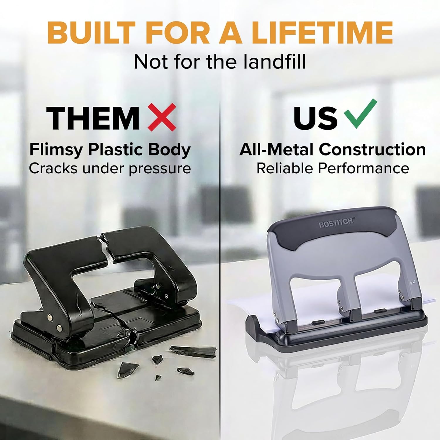 image:imageBostitch Office EZ Squeeze Heavy Duty 3Hole Punch for Home Office amp School 40Sheet Capacity OneTouch Reduced Force Sleek Black DesignSlate