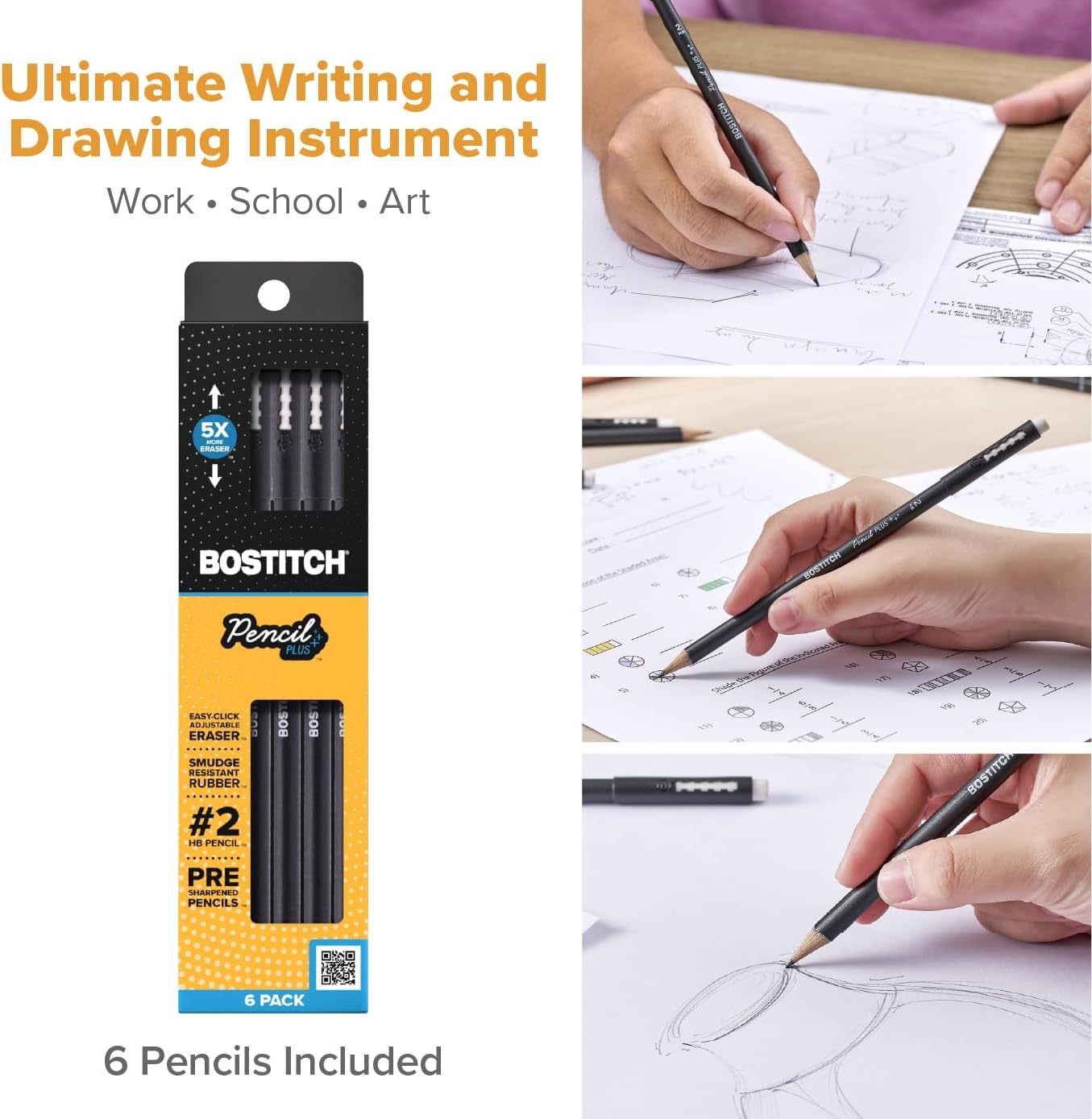 image:imageBostitch WoodCased Pencil Plus Retractable Eraser American Cedar Wood 2 HB Round Matte Black Presharpened Six PackSix pack