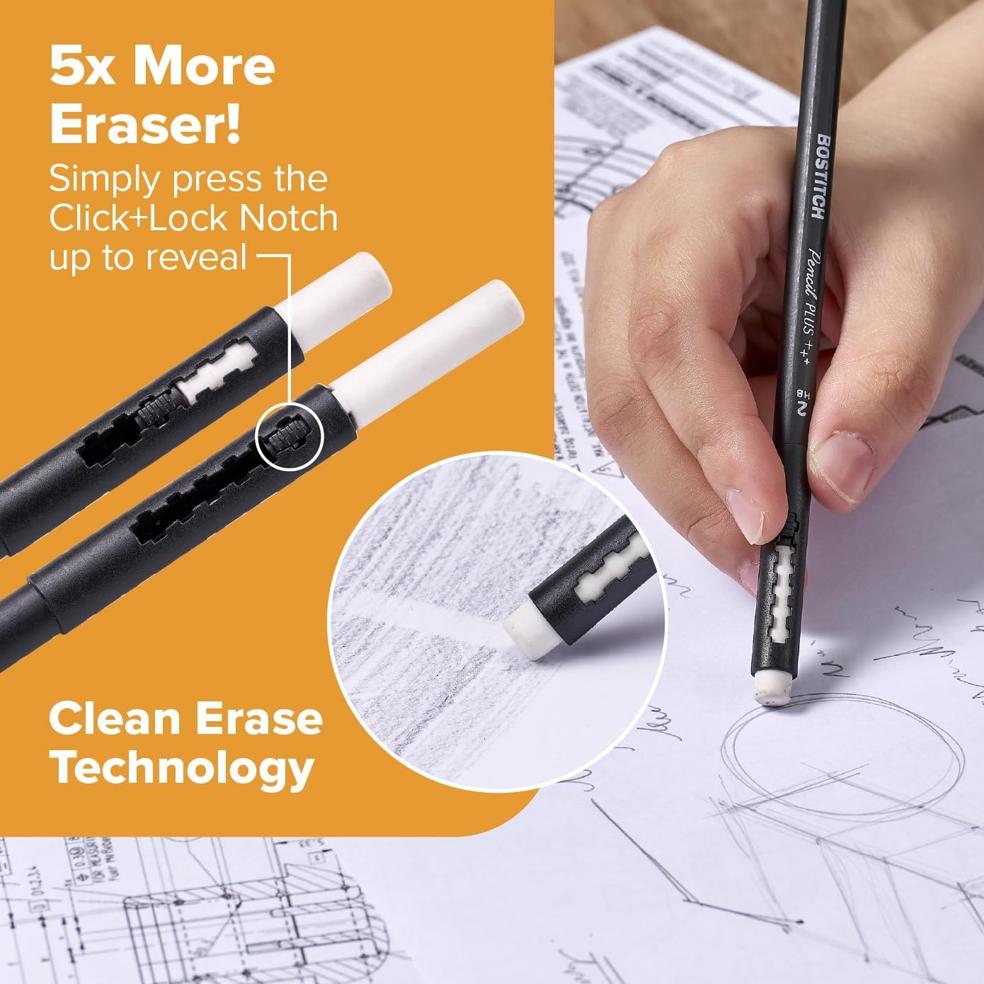 image:imageBostitch WoodCased Pencil Plus Retractable Eraser American Cedar Wood 2 HB Round Matte Black Presharpened Six PackSix pack