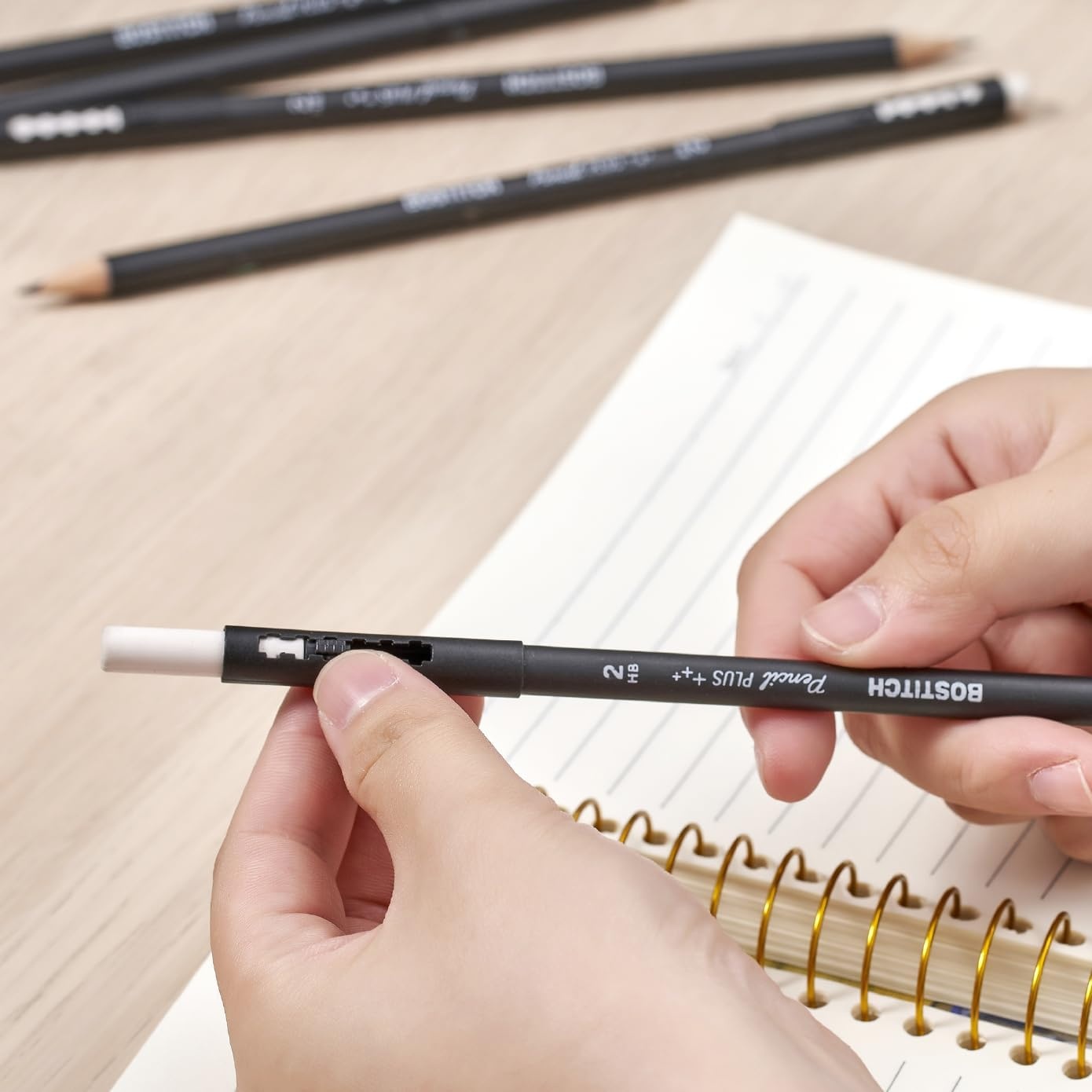 image:imageBostitch WoodCased Pencil Plus Retractable Eraser American Cedar Wood 2 HB Round Matte Black Presharpened Six PackTen Pack