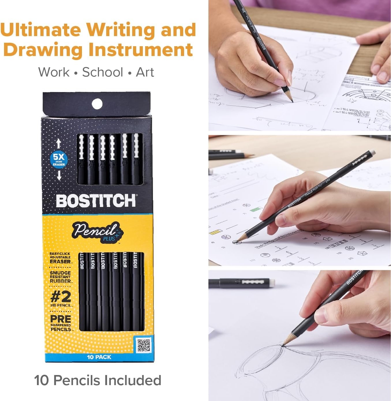 image:imageBostitch WoodCased Pencil Plus Retractable Eraser American Cedar Wood 2 HB Round Matte Black Presharpened Six PackTen Pack