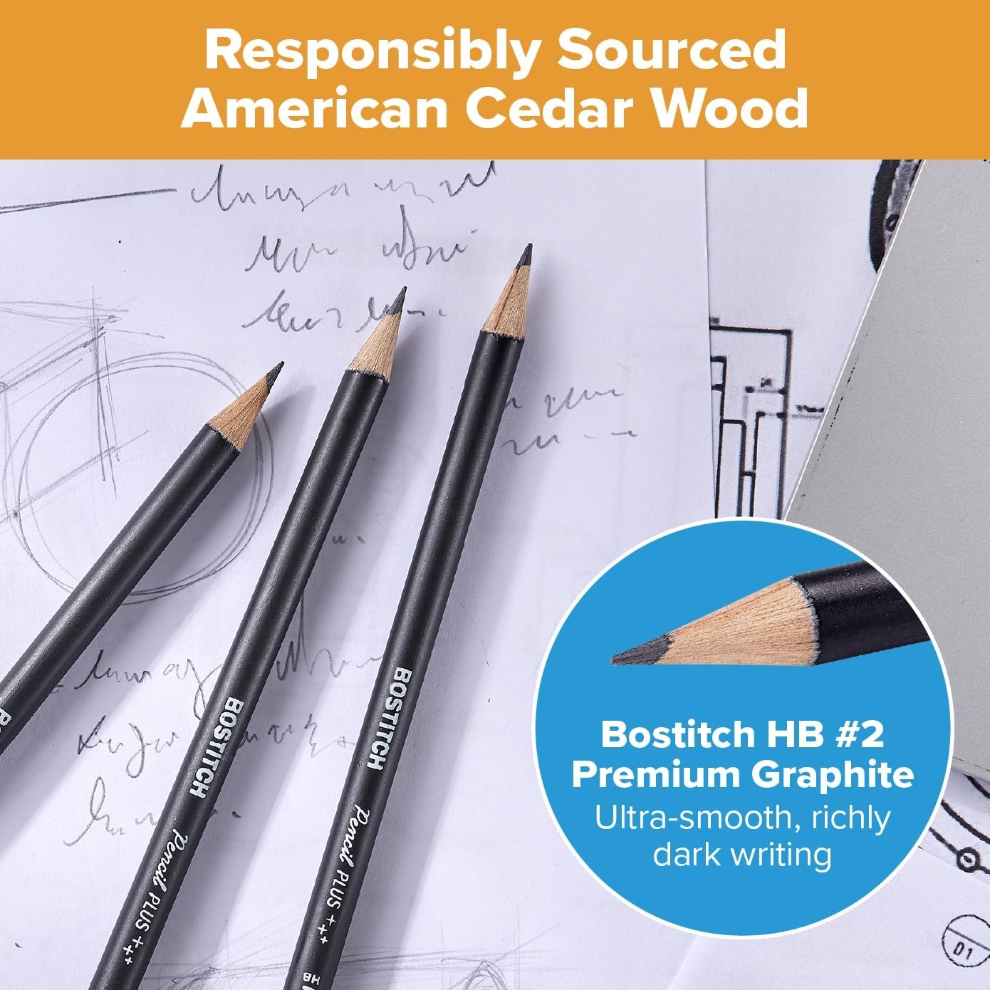 image:imageBostitch WoodCased Pencil Plus Retractable Eraser American Cedar Wood 2 HB Round Matte Black Presharpened Six PackTwenty Pack
