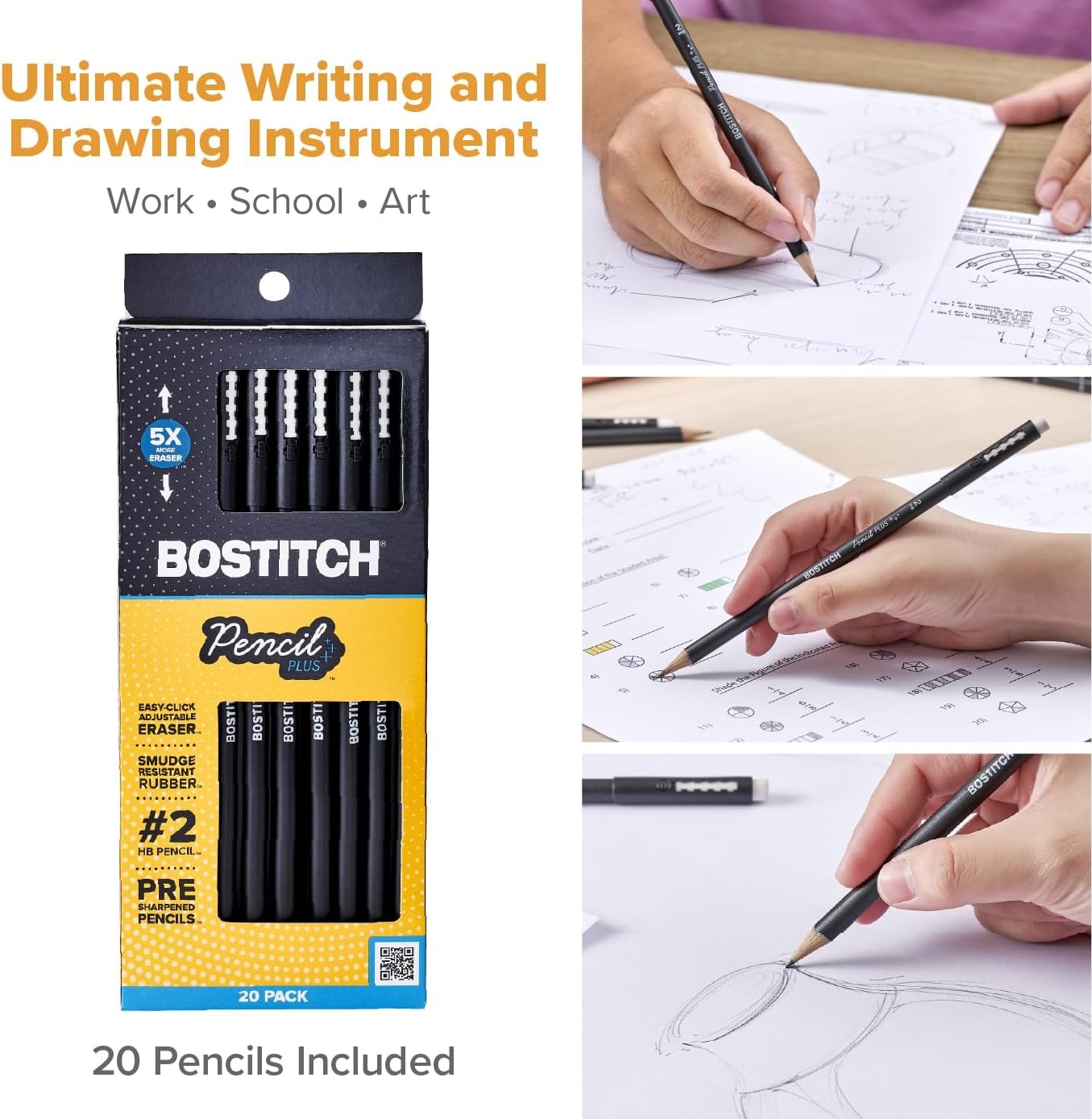 image:imageBostitch WoodCased Pencil Plus Retractable Eraser American Cedar Wood 2 HB Round Matte Black Presharpened Six PackTwenty Pack