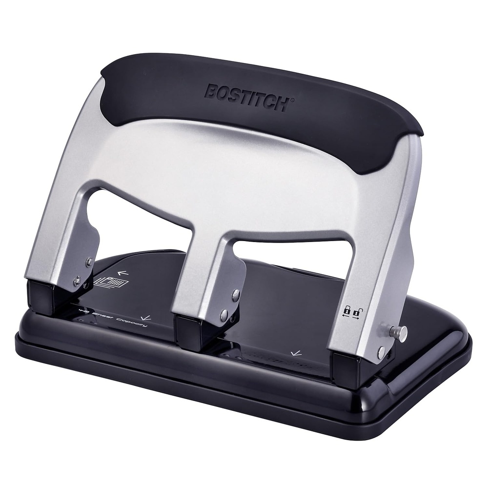 image:imageBostitch Office EZ Squeeze Heavy Duty 3Hole Punch for Home Office amp School 40Sheet Capacity OneTouch Reduced Force Sleek Black DesignSilver