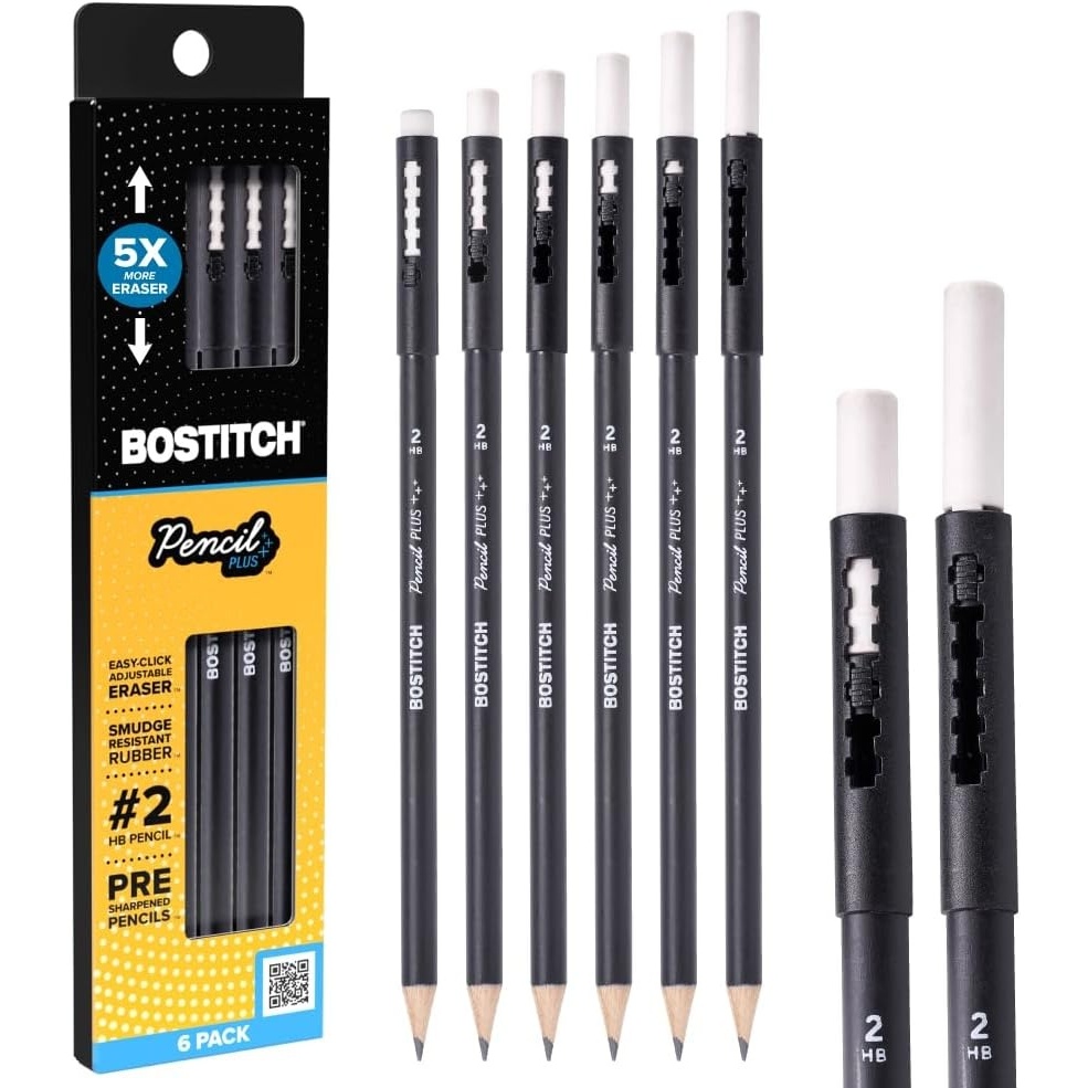 image:imageBostitch WoodCased Pencil Plus Retractable Eraser American Cedar Wood 2 HB Round Matte Black Presharpened Six PackSix pack