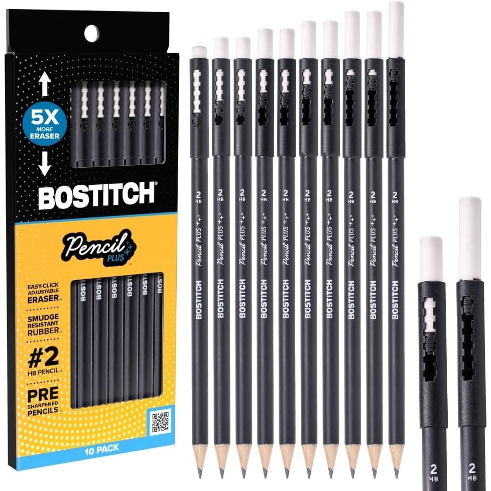 image:imageBostitch WoodCased Pencil Plus Retractable Eraser American Cedar Wood 2 HB Round Matte Black Presharpened Six PackTen Pack