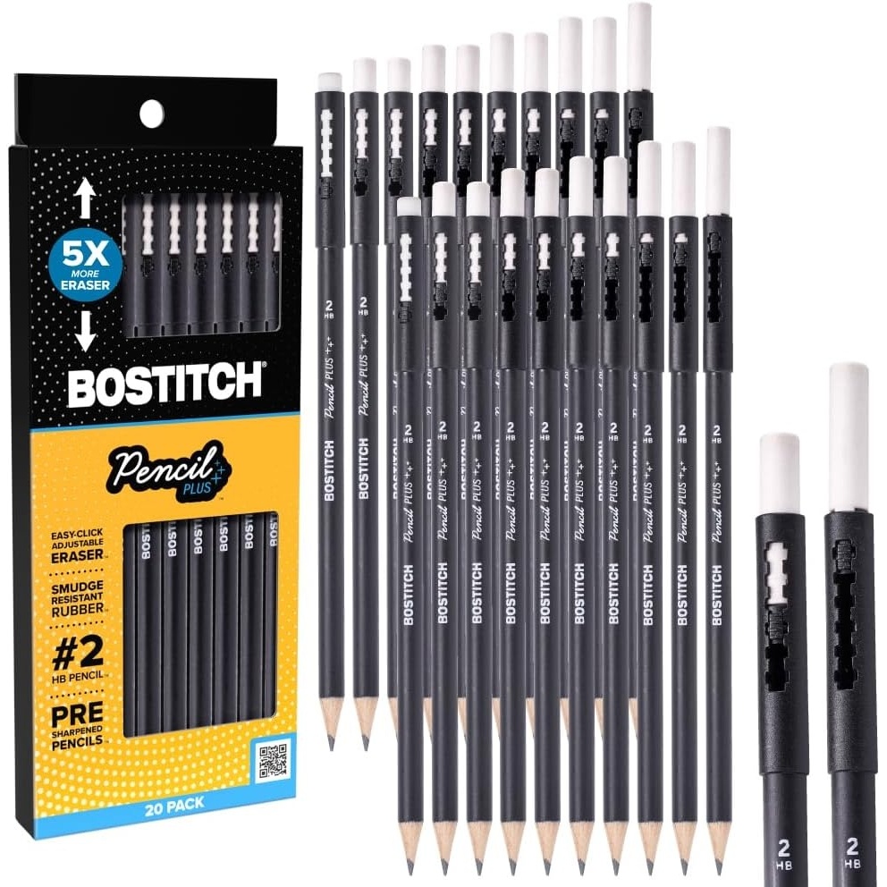 image:imageBostitch WoodCased Pencil Plus Retractable Eraser American Cedar Wood 2 HB Round Matte Black Presharpened Six PackTwenty Pack