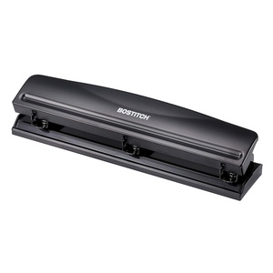 image:imageBostitch Office Premium 3 Hole Punch 12 Sheet Capacity Metal Rubber Base EasyClean Tray Silver Gray12 Sheet Black