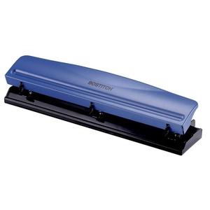 image:imageBostitch Office Premium 3 Hole Punch 12 Sheet Capacity Metal Rubber Base EasyClean Tray Silver Gray12 Sheet Blue