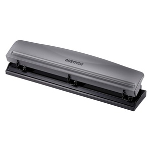 image:imageBostitch Office Premium 3 Hole Punch 12 Sheet Capacity Metal Rubber Base EasyClean Tray Silver Gray12 Sheet Gray