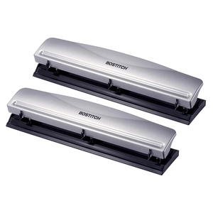 image:imageBostitch Office Premium 3 Hole Punch 12 Sheet Capacity Metal Rubber Base EasyClean Tray Silver Gray12 Sheet Silver 2 Pack