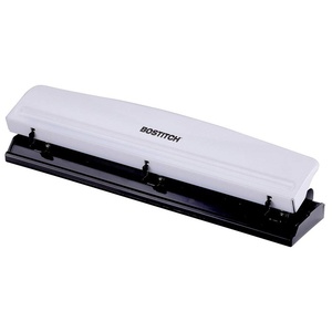 image:imageBostitch Office Premium 3 Hole Punch 12 Sheet Capacity Metal Rubber Base EasyClean Tray Silver Gray12 Sheet White