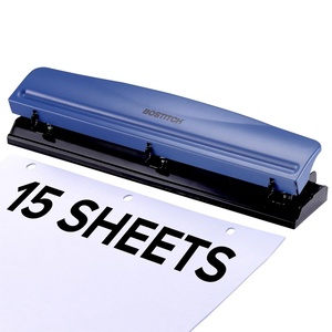 image:imageBostitch Office Premium 3 Hole Punch 12 Sheet Capacity Metal Rubber Base EasyClean Tray Silver Gray15 Sheet Blue